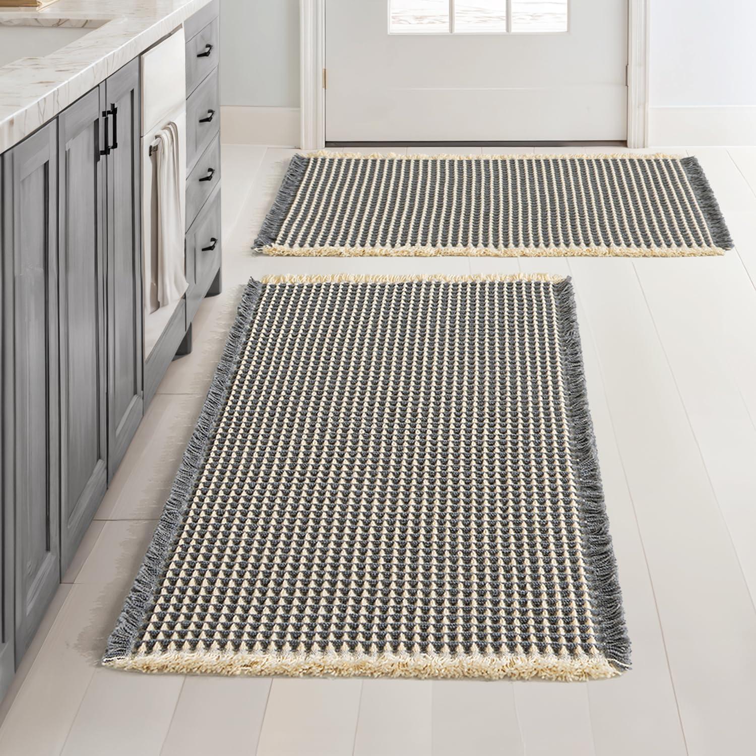 imageMIULEE Set of 2 Waffle Bathroom Rugs Boho Bath Rugs Non Slip Washable Super Absorbent Bath Mats Ultra Soft Rubber Backed Shower Mats for Bathroom Floor Tub and Shower Chocolate 18x30 InchDark Grey Yellow