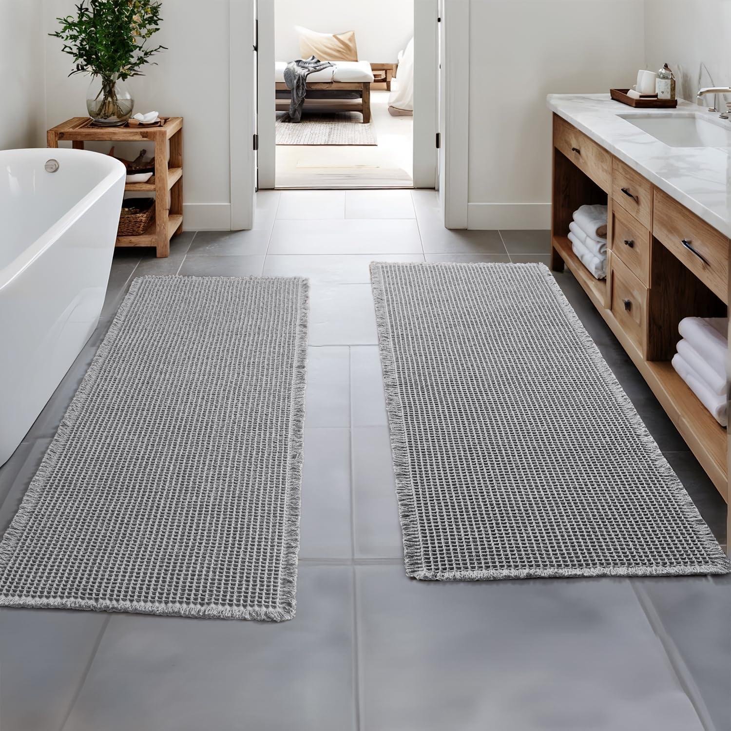 imageMIULEE Set of 2 Waffle Bathroom Rugs Boho Bath Rugs Non Slip Washable Super Absorbent Bath Mats Ultra Soft Rubber Backed Shower Mats for Bathroom Floor Tub and Shower Chocolate 18x30 InchLight Grey