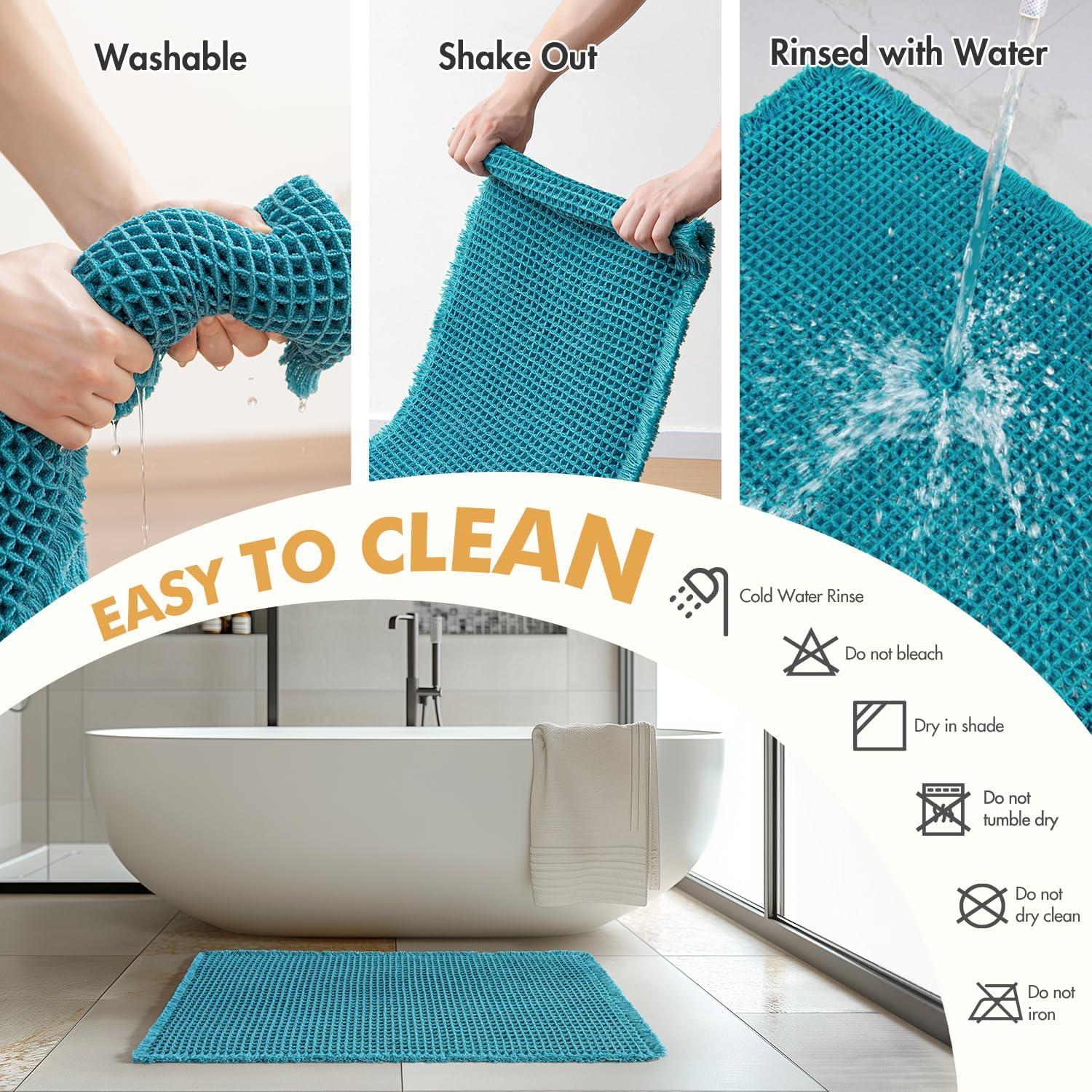 imageMIULEE Set of 2 Waffle Bathroom Rugs Boho Bath Rugs Non Slip Washable Super Absorbent Bath Mats Ultra Soft Rubber Backed Shower Mats for Bathroom Floor Tub and Shower Chocolate 18x30 InchTeal