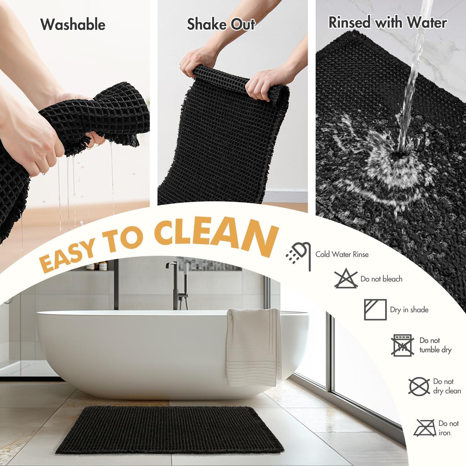 imageMIULEE Set of 2 Waffle Bathroom Rugs Boho Bath Rugs Non Slip Washable Super Absorbent Bath Mats Ultra Soft Rubber Backed Shower Mats for Bathroom Floor Tub and Shower Chocolate 18x30 InchBlack