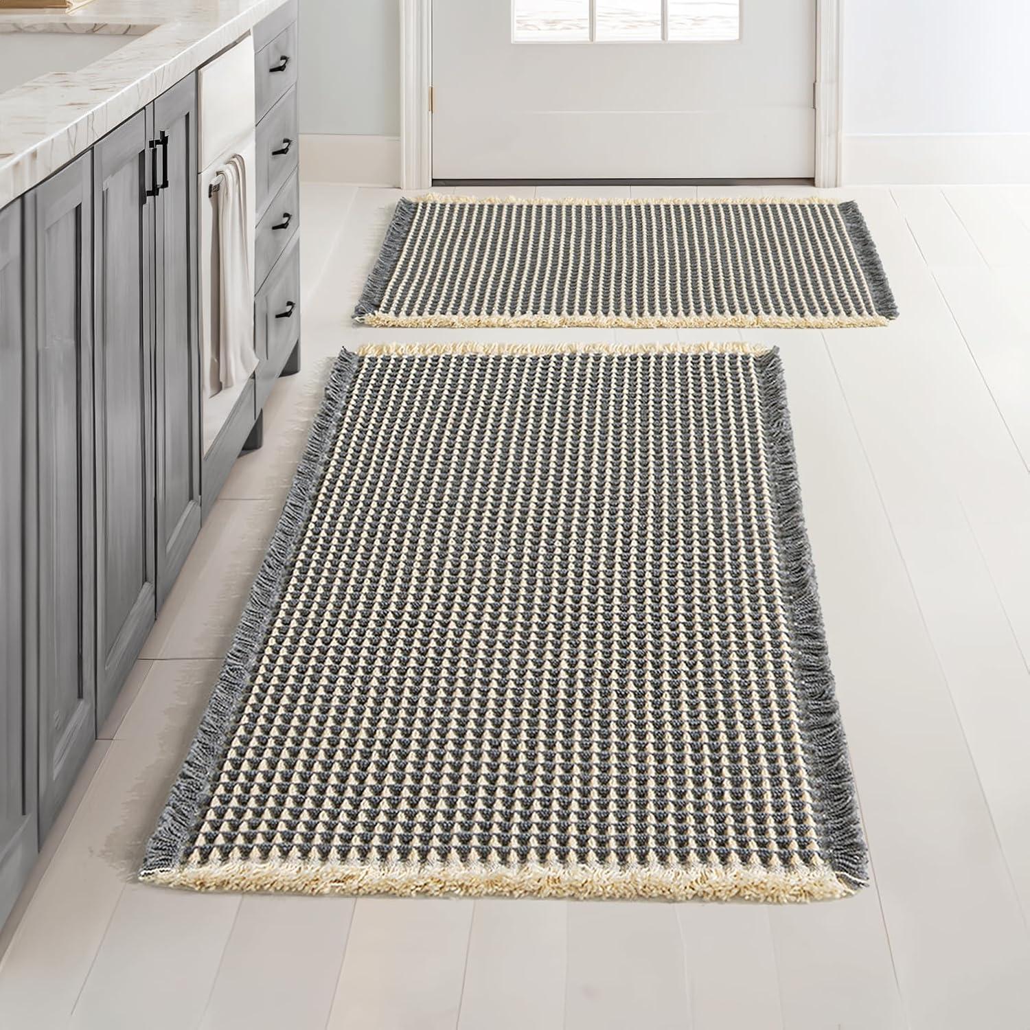 imageMIULEE Set of 2 Waffle Bathroom Rugs Boho Bath Rugs Non Slip Washable Super Absorbent Bath Mats Ultra Soft Rubber Backed Shower Mats for Bathroom Floor Tub and Shower Chocolate 18x30 InchDark Grey Yellow