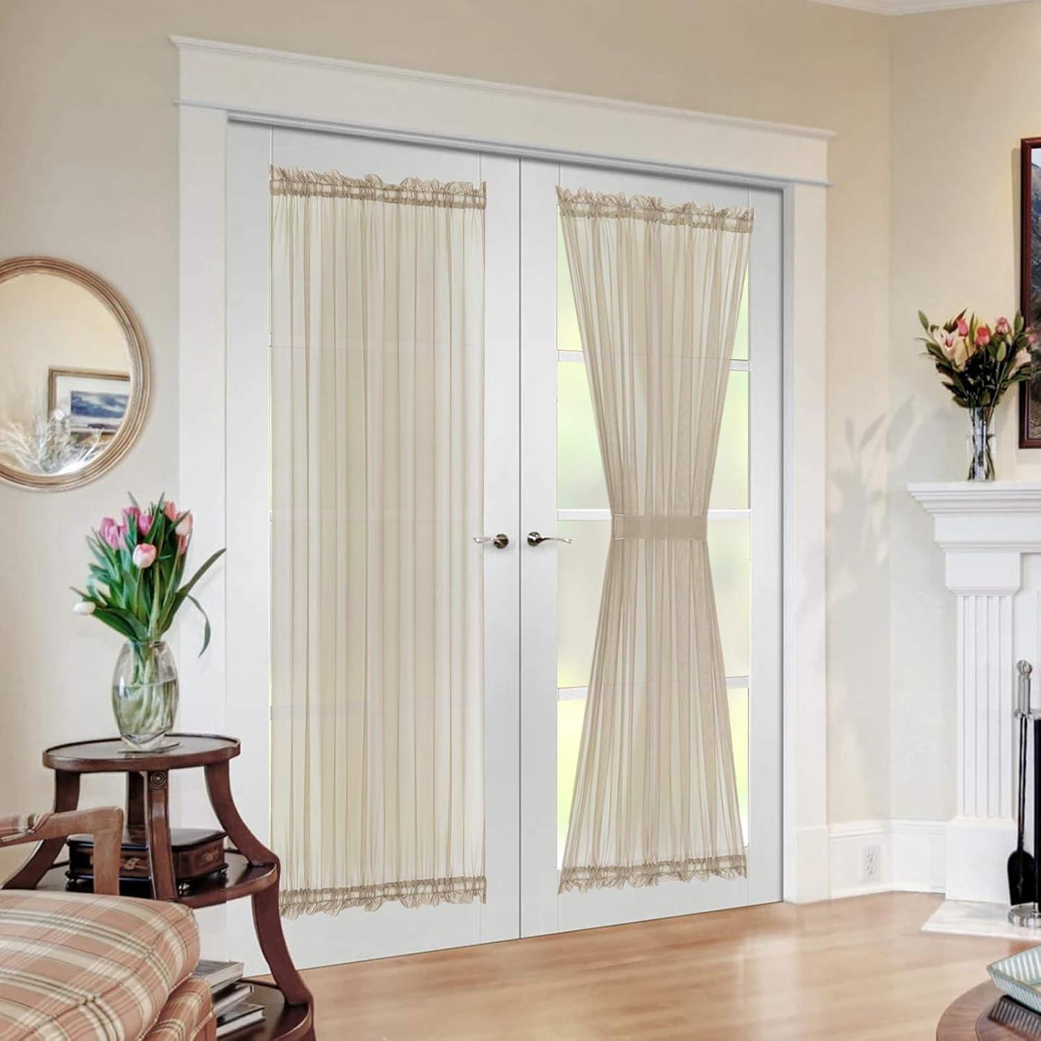 imageMIULEE Sidelight Sheer French Door Curtains 25 x 40 Inches Light Filtering Window Treatment with Tieback 2 Panels WhiteBeige
