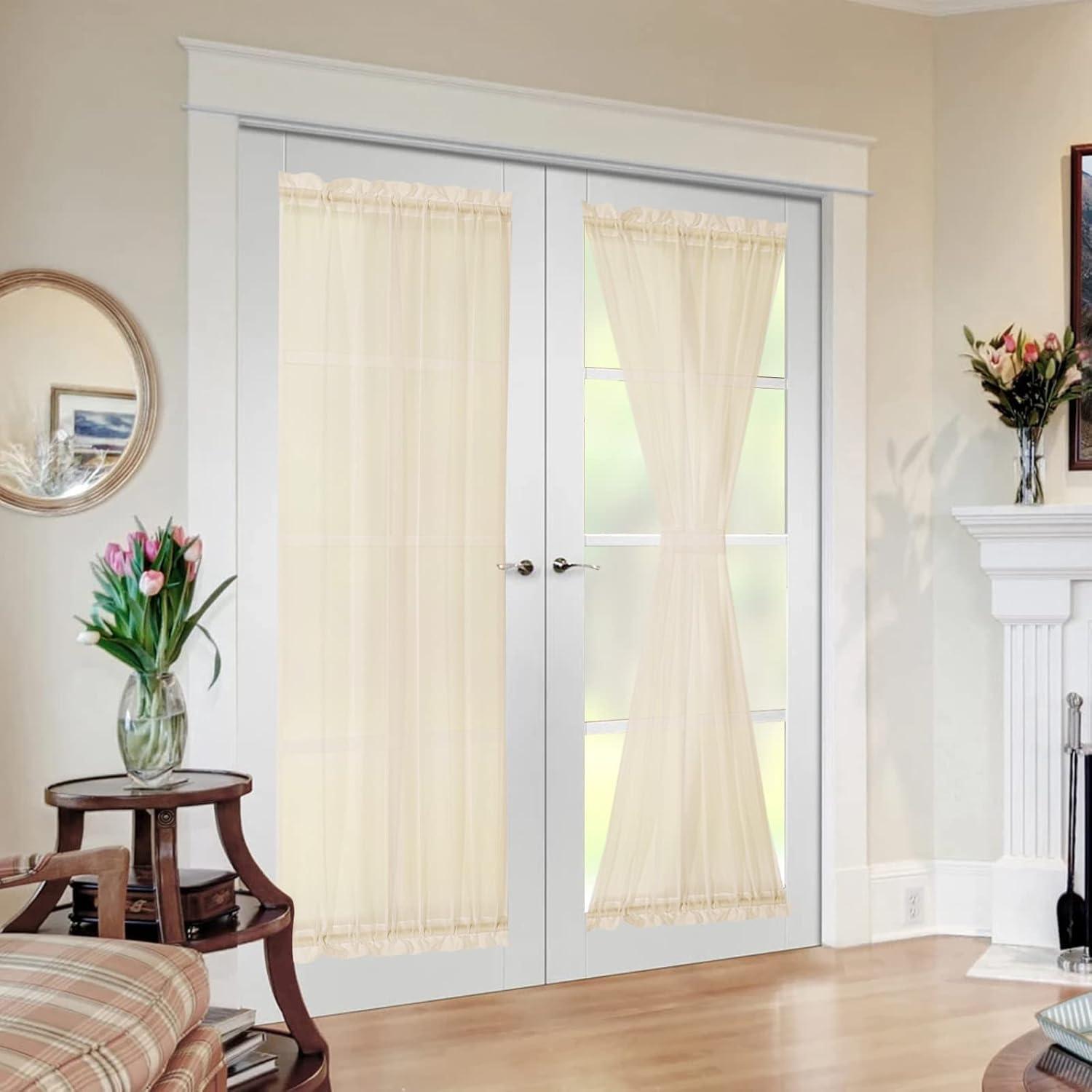 imageMIULEE Sidelight Sheer French Door Curtains 25 x 40 Inches Light Filtering Window Treatment with Tieback 2 Panels WhiteCream Beige