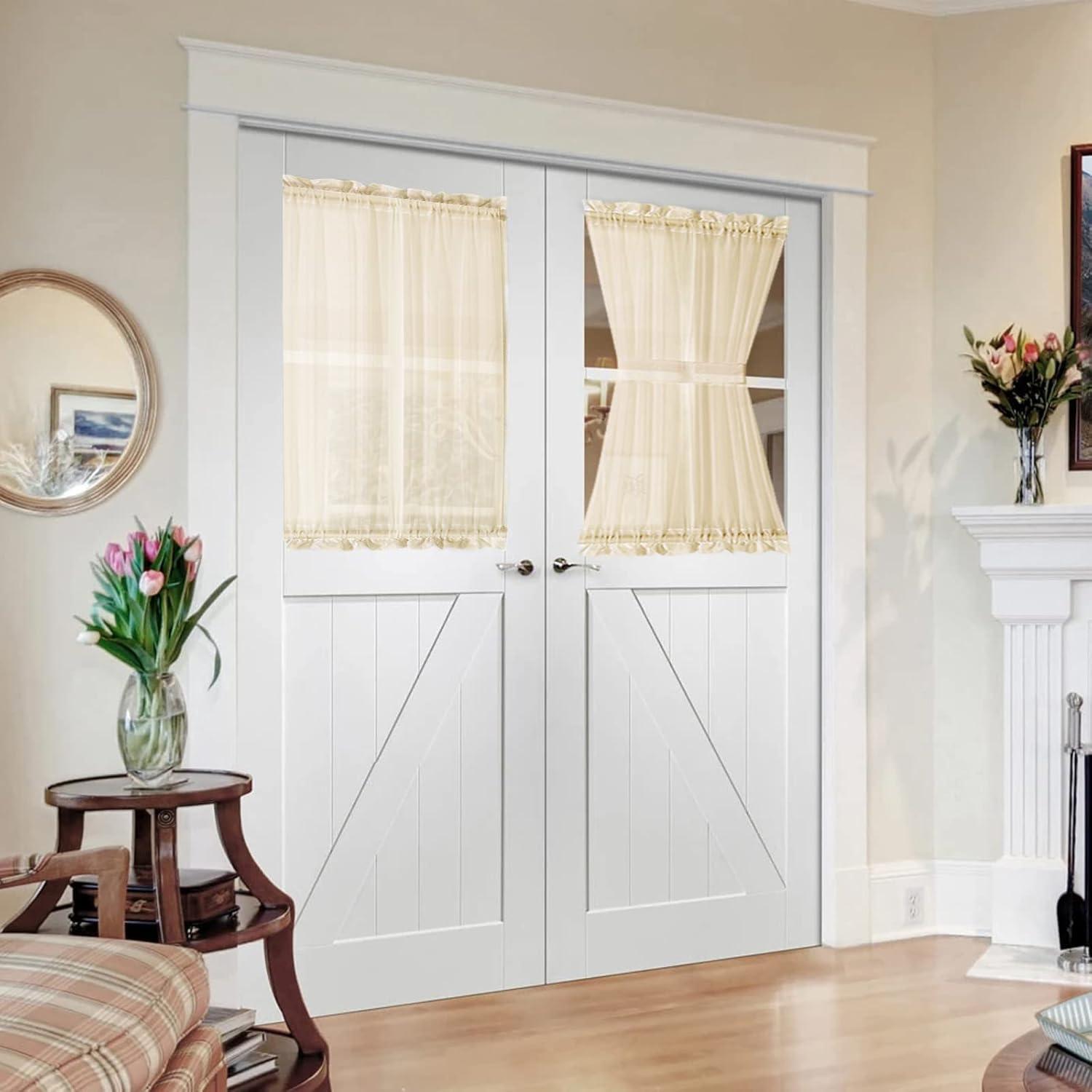 imageMIULEE Sidelight Sheer French Door Curtains 25 x 40 Inches Light Filtering Window Treatment with Tieback 2 Panels WhiteCream Beige