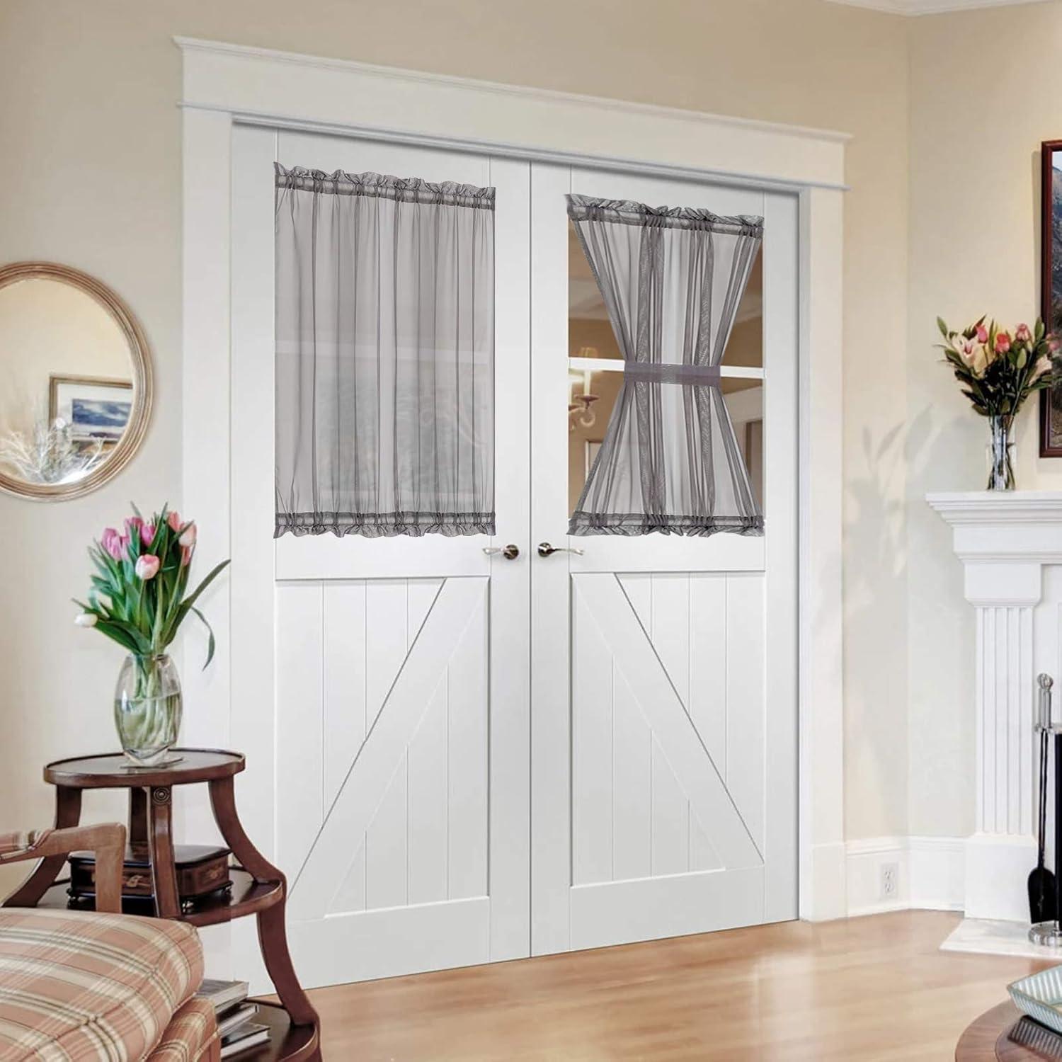 imageMIULEE Sidelight Sheer French Door Curtains 25 x 40 Inches Light Filtering Window Treatment with Tieback 2 Panels WhiteDark Grey