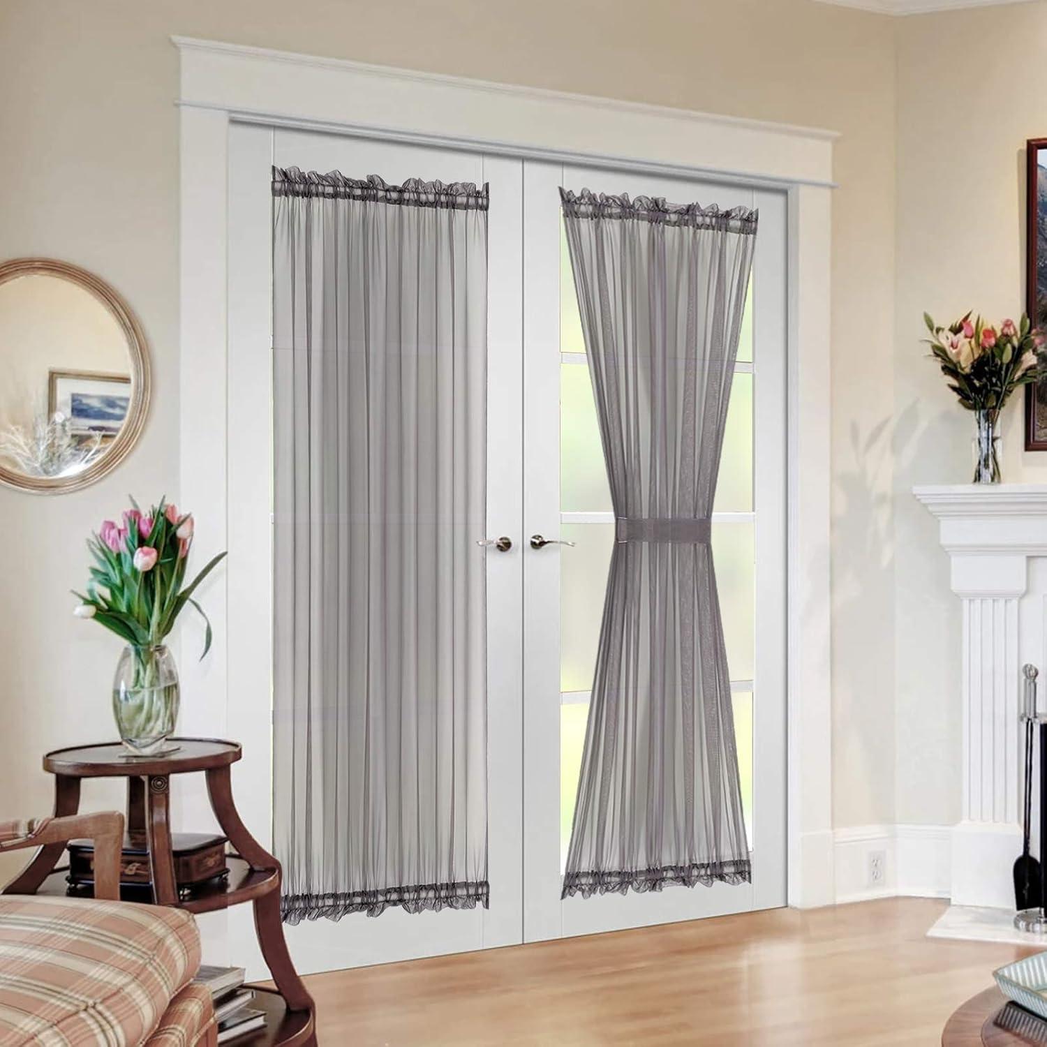 imageMIULEE Sidelight Sheer French Door Curtains 25 x 40 Inches Light Filtering Window Treatment with Tieback 2 Panels WhiteDark Grey