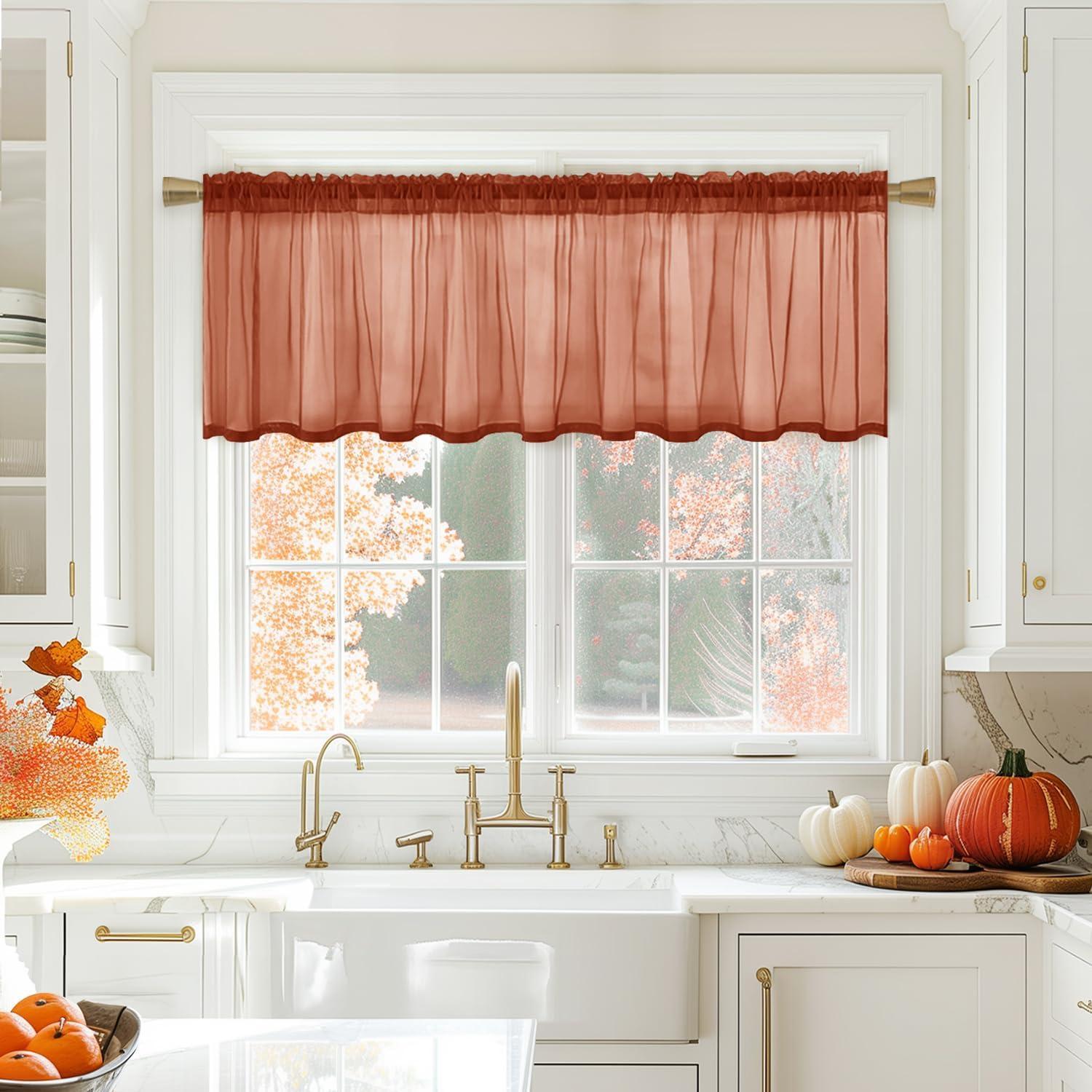 imageMIULEE Solid Burgundy Kitchen Sheer Valance for Christmas Linen Look Window Curtain Living Room Windows Voile Valance Rod Pocket 1 Panels 60quot W x 18quot L Burgundy RedTerracotta