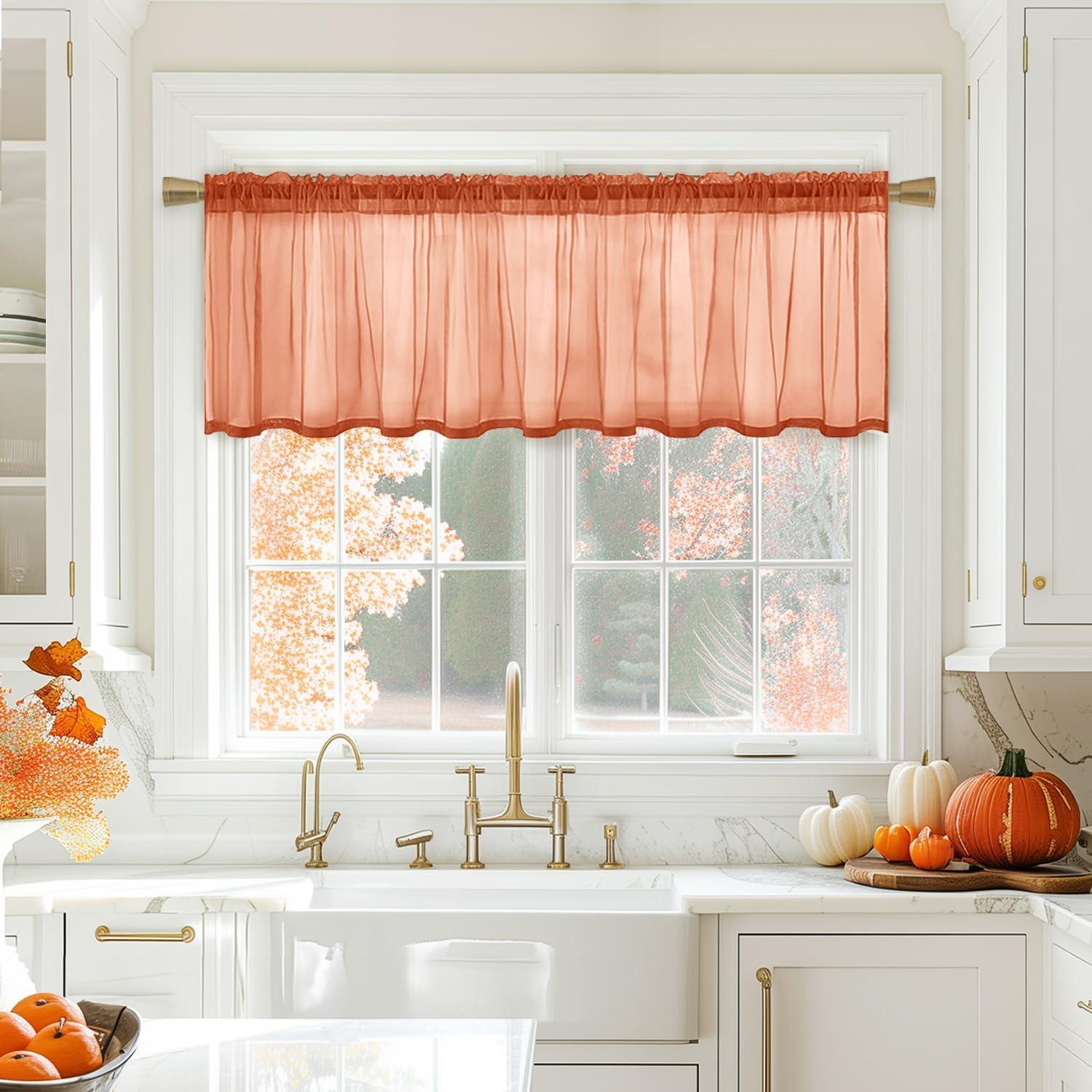 imageMIULEE Solid Burgundy Kitchen Sheer Valance for Christmas Linen Look Window Curtain Living Room Windows Voile Valance Rod Pocket 1 Panels 60quot W x 18quot L Burgundy RedBurnt Orange