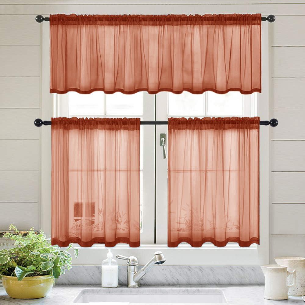 imageMIULEE Solid Burgundy Kitchen Sheer Valance for Christmas Linen Look Window Curtain Living Room Windows Voile Valance Rod Pocket 1 Panels 60quot W x 18quot L Burgundy RedTerracotta
