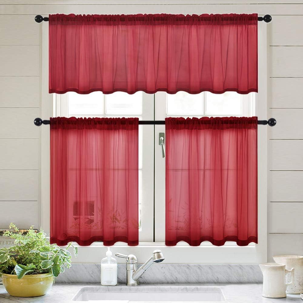 imageMIULEE Solid Burgundy Kitchen Sheer Valance for Christmas Linen Look Window Curtain Living Room Windows Voile Valance Rod Pocket 1 Panels 60quot W x 18quot L Burgundy RedBurgundy Red