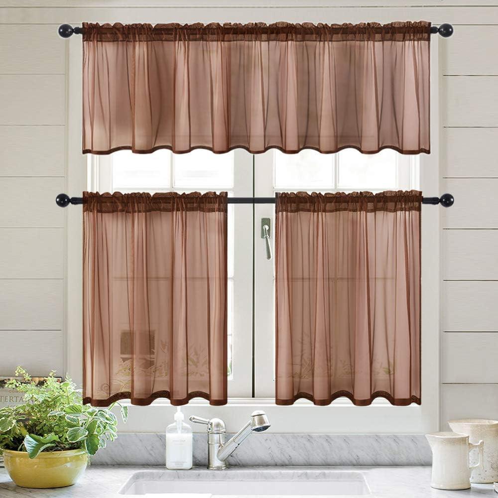 imageMIULEE Solid Burgundy Kitchen Sheer Valance for Christmas Linen Look Window Curtain Living Room Windows Voile Valance Rod Pocket 1 Panels 60quot W x 18quot L Burgundy RedChocolate Brown