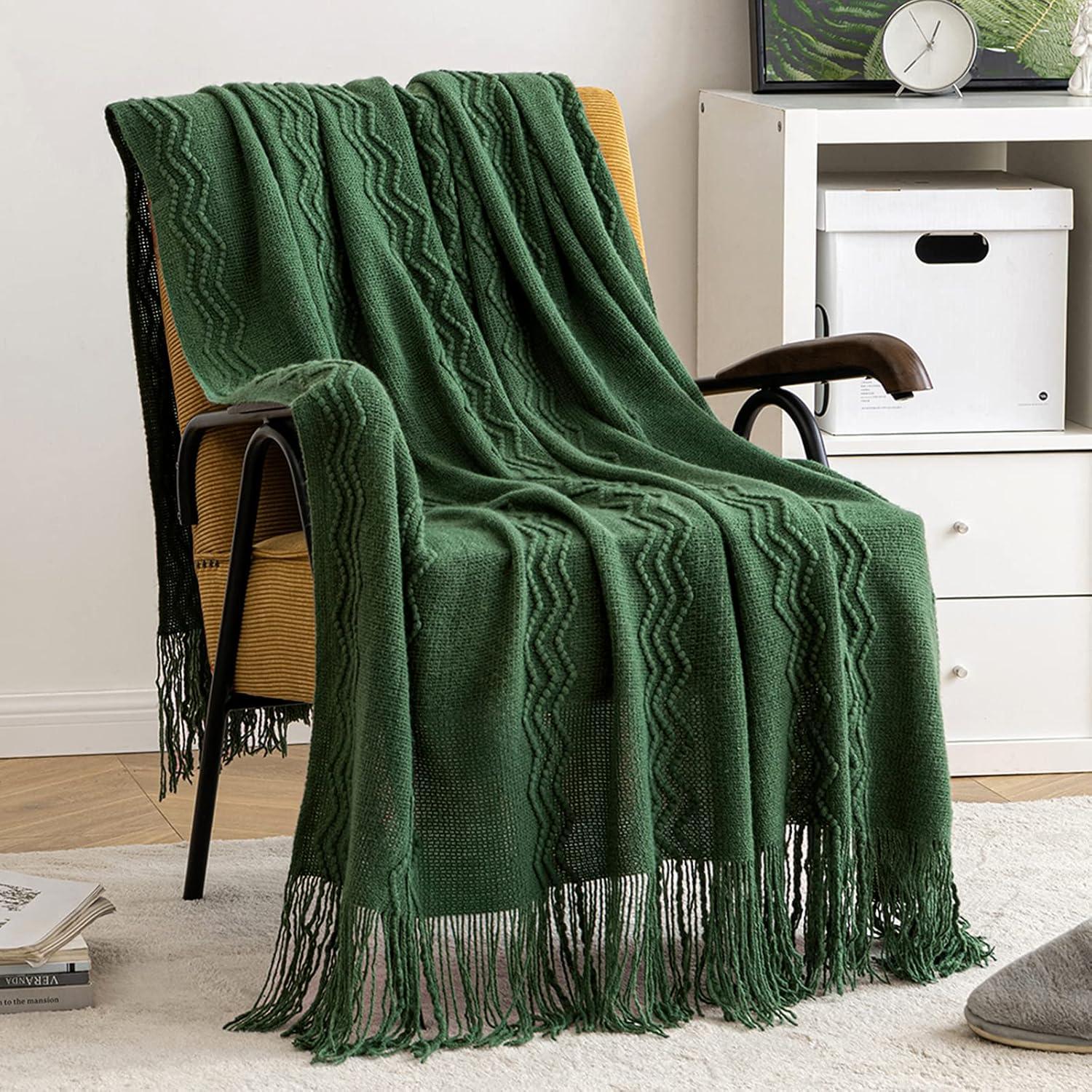 imageMIULEE Tan Taupe Knitted Throw Blanket for Couch Boho Textured Cozy Woven Blanket with Tassels for Sofa Chair Bed Living Room Farmhouse Home Decor Acrylic Wave Pattern 50quotx60quotDark Green