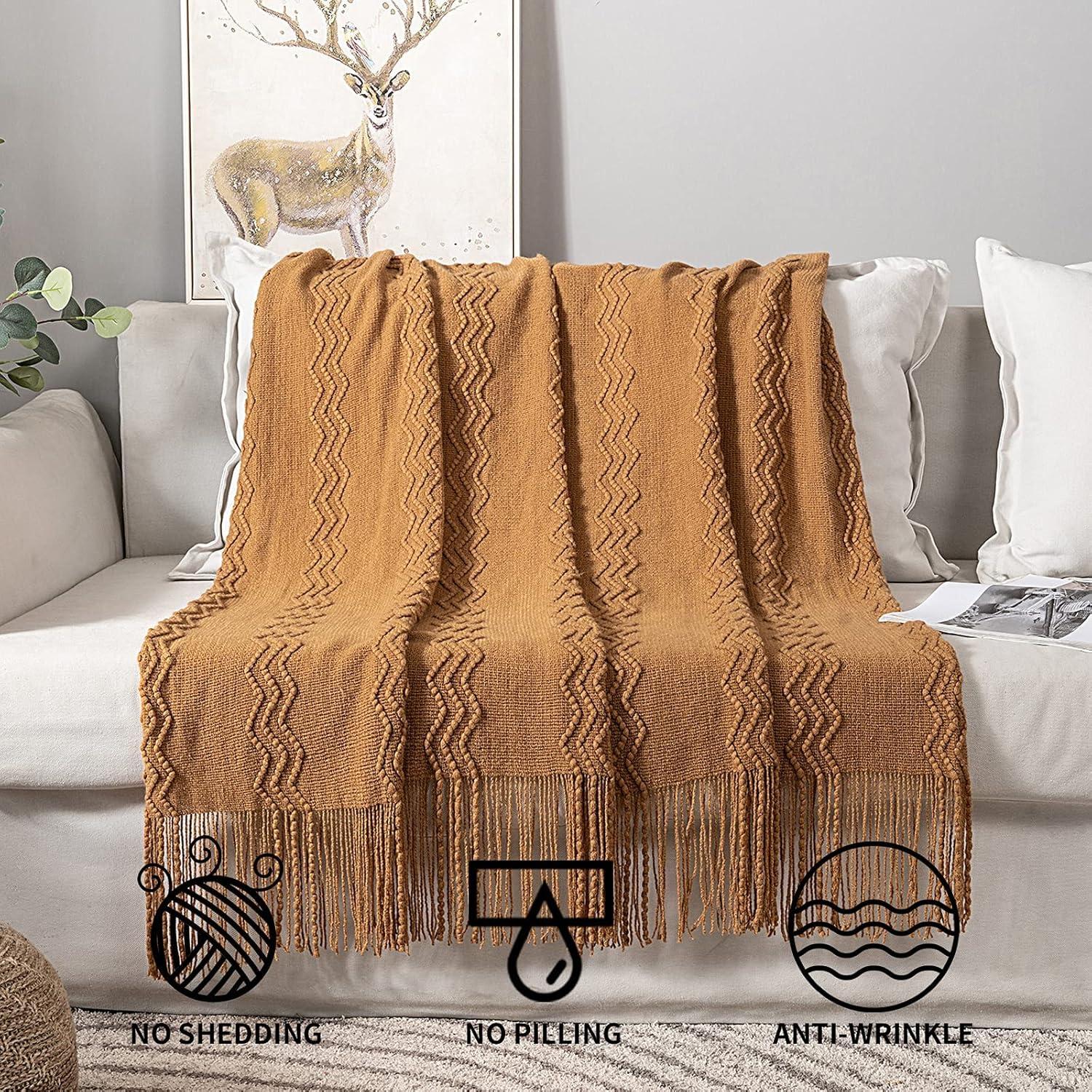 imageMIULEE Tan Taupe Knitted Throw Blanket for Couch Boho Textured Cozy Woven Blanket with Tassels for Sofa Chair Bed Living Room Farmhouse Home Decor Acrylic Wave Pattern 50quotx60quotBrown