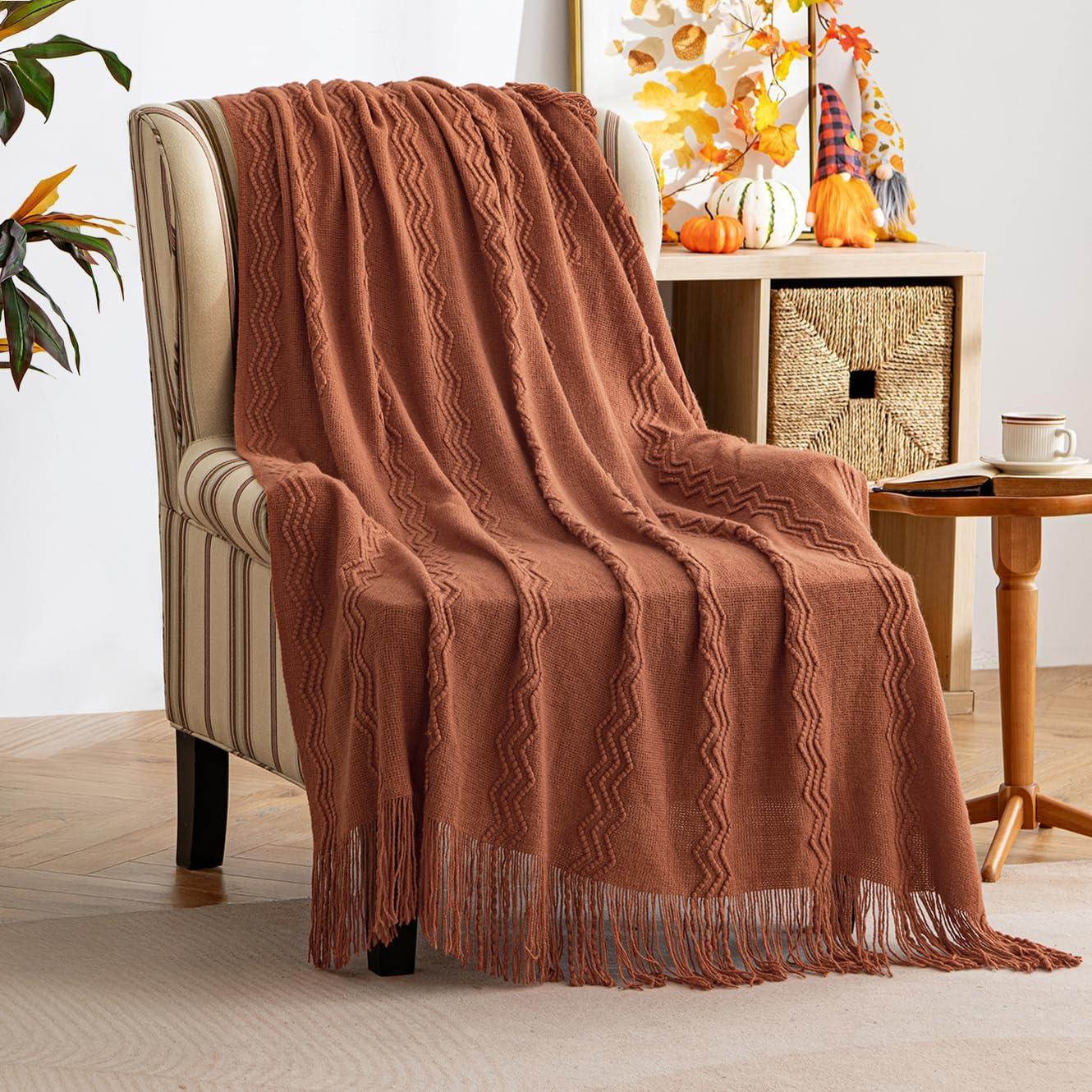 imageMIULEE Tan Taupe Knitted Throw Blanket for Couch Boho Textured Cozy Woven Blanket with Tassels for Sofa Chair Bed Living Room Farmhouse Home Decor Acrylic Wave Pattern 50quotx60quotOrange