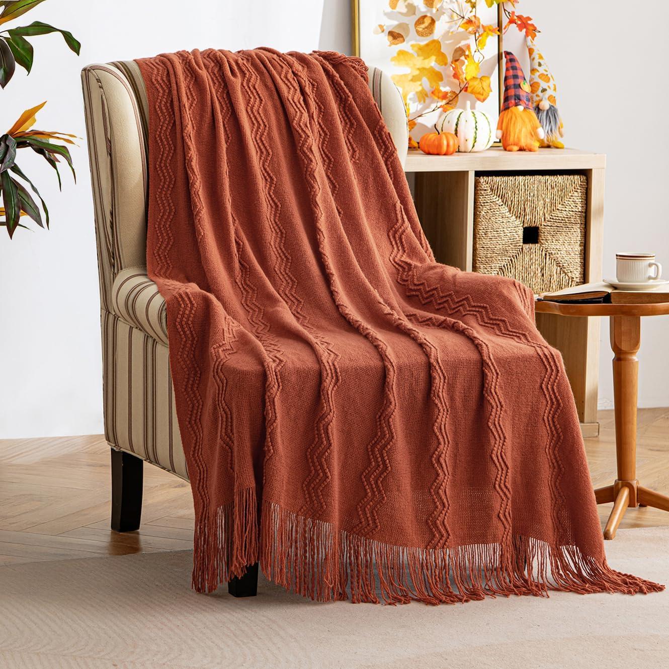 imageMIULEE Tan Taupe Knitted Throw Blanket for Couch Boho Textured Cozy Woven Blanket with Tassels for Sofa Chair Bed Living Room Farmhouse Home Decor Acrylic Wave Pattern 50quotx60quotRust