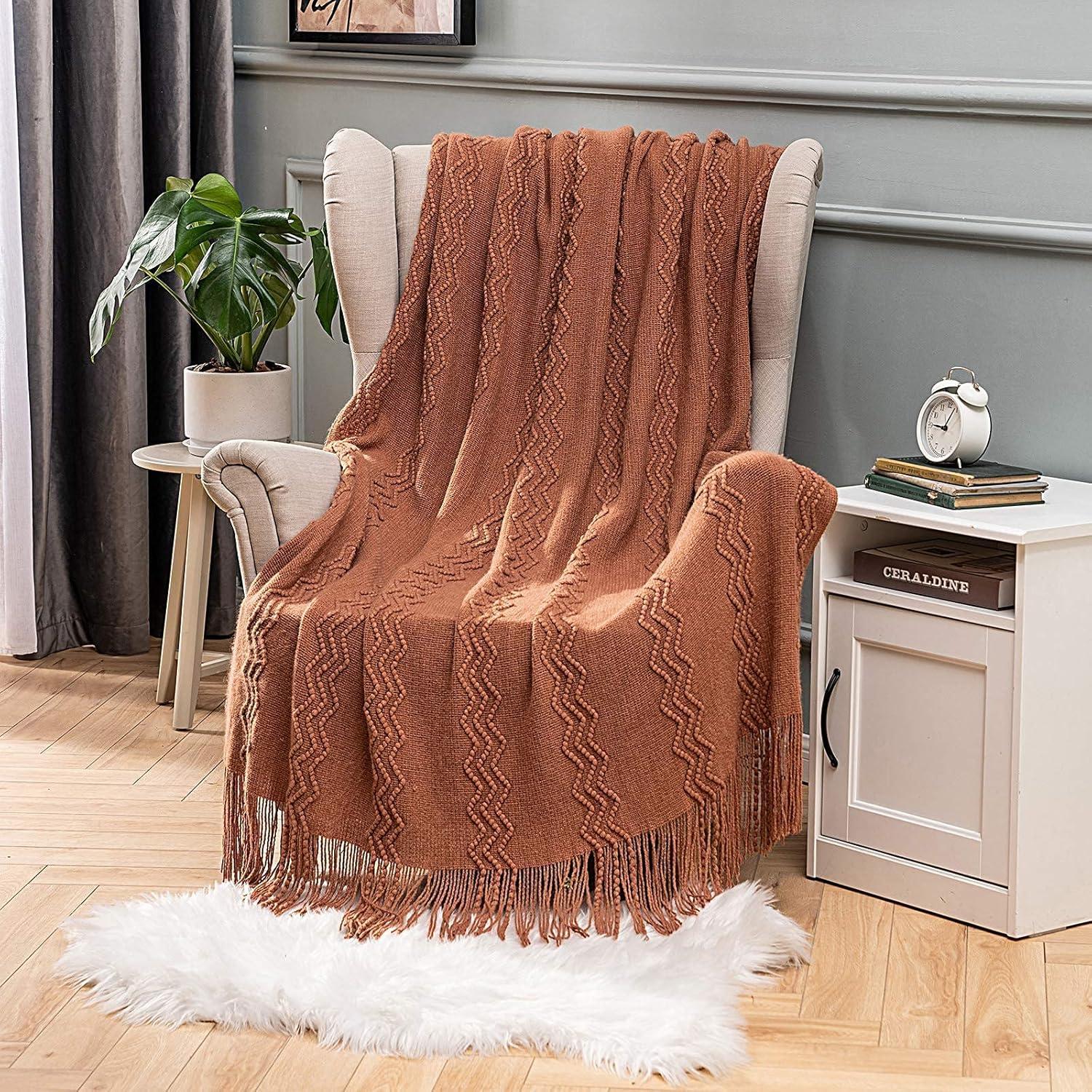 imageMIULEE Tan Taupe Knitted Throw Blanket for Couch Boho Textured Cozy Woven Blanket with Tassels for Sofa Chair Bed Living Room Farmhouse Home Decor Acrylic Wave Pattern 50quotx60quotOrange