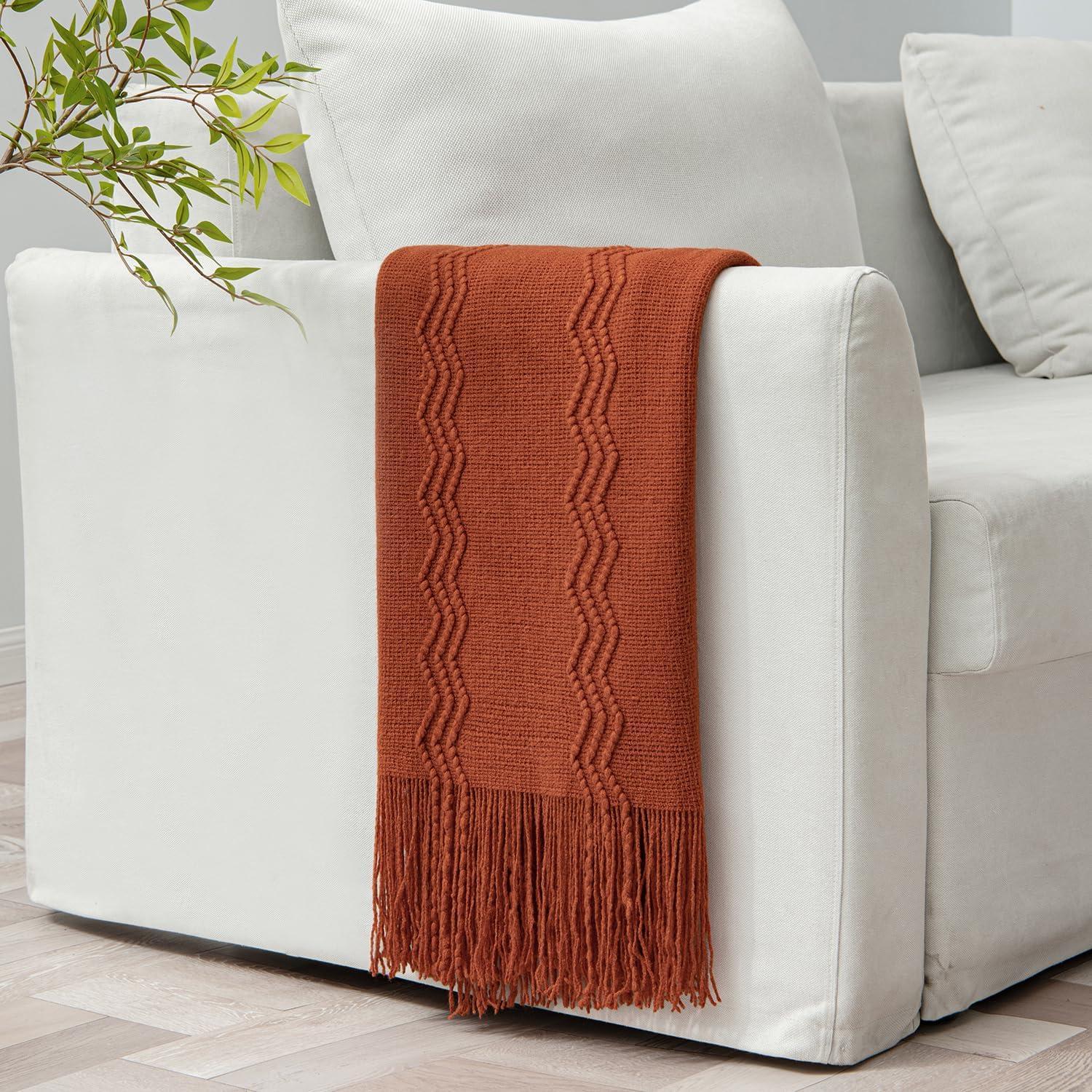 imageMIULEE Tan Taupe Knitted Throw Blanket for Couch Boho Textured Cozy Woven Blanket with Tassels for Sofa Chair Bed Living Room Farmhouse Home Decor Acrylic Wave Pattern 50quotx60quotRust