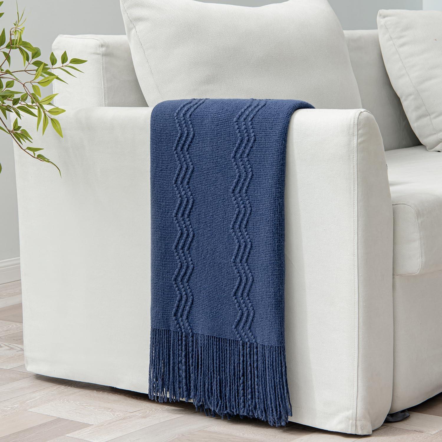 imageMIULEE Tan Taupe Knitted Throw Blanket for Couch Boho Textured Cozy Woven Blanket with Tassels for Sofa Chair Bed Living Room Farmhouse Home Decor Acrylic Wave Pattern 50quotx60quotNavy Blue