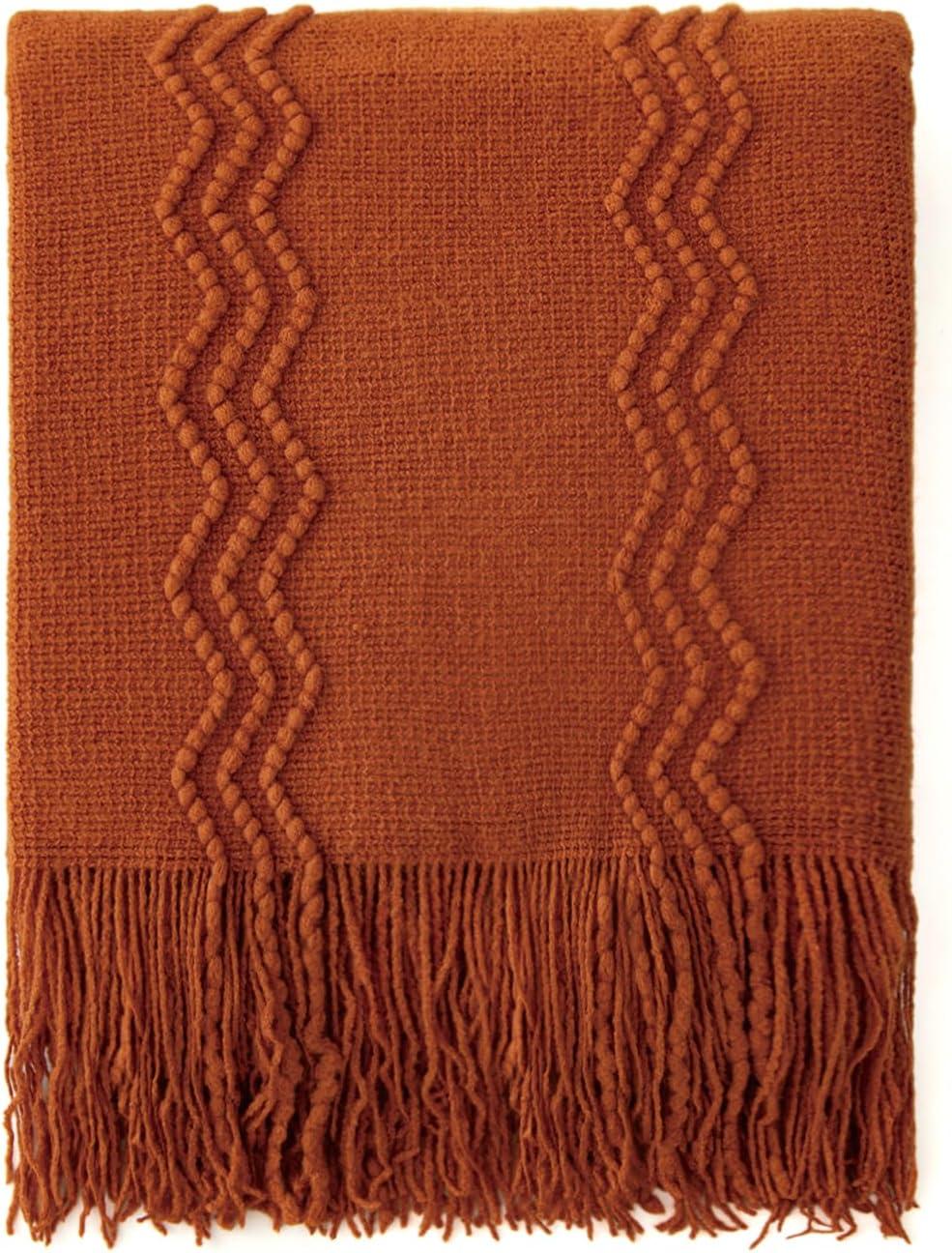 imageMIULEE Tan Taupe Knitted Throw Blanket for Couch Boho Textured Cozy Woven Blanket with Tassels for Sofa Chair Bed Living Room Farmhouse Home Decor Acrylic Wave Pattern 50quotx60quotRust