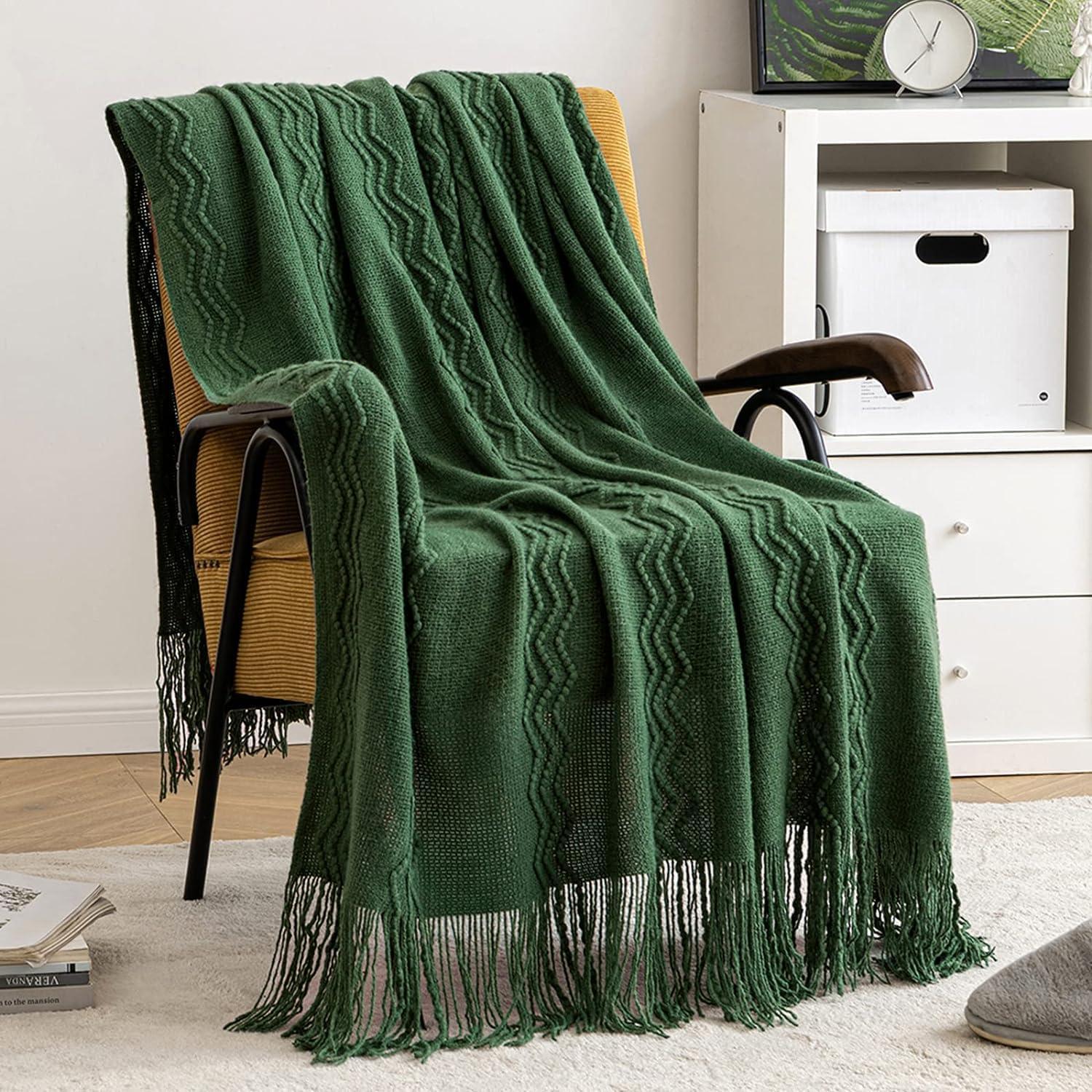 imageMIULEE Tan Taupe Knitted Throw Blanket for Couch Boho Textured Cozy Woven Blanket with Tassels for Sofa Chair Bed Living Room Farmhouse Home Decor Acrylic Wave Pattern 50quotx60quotDark Green