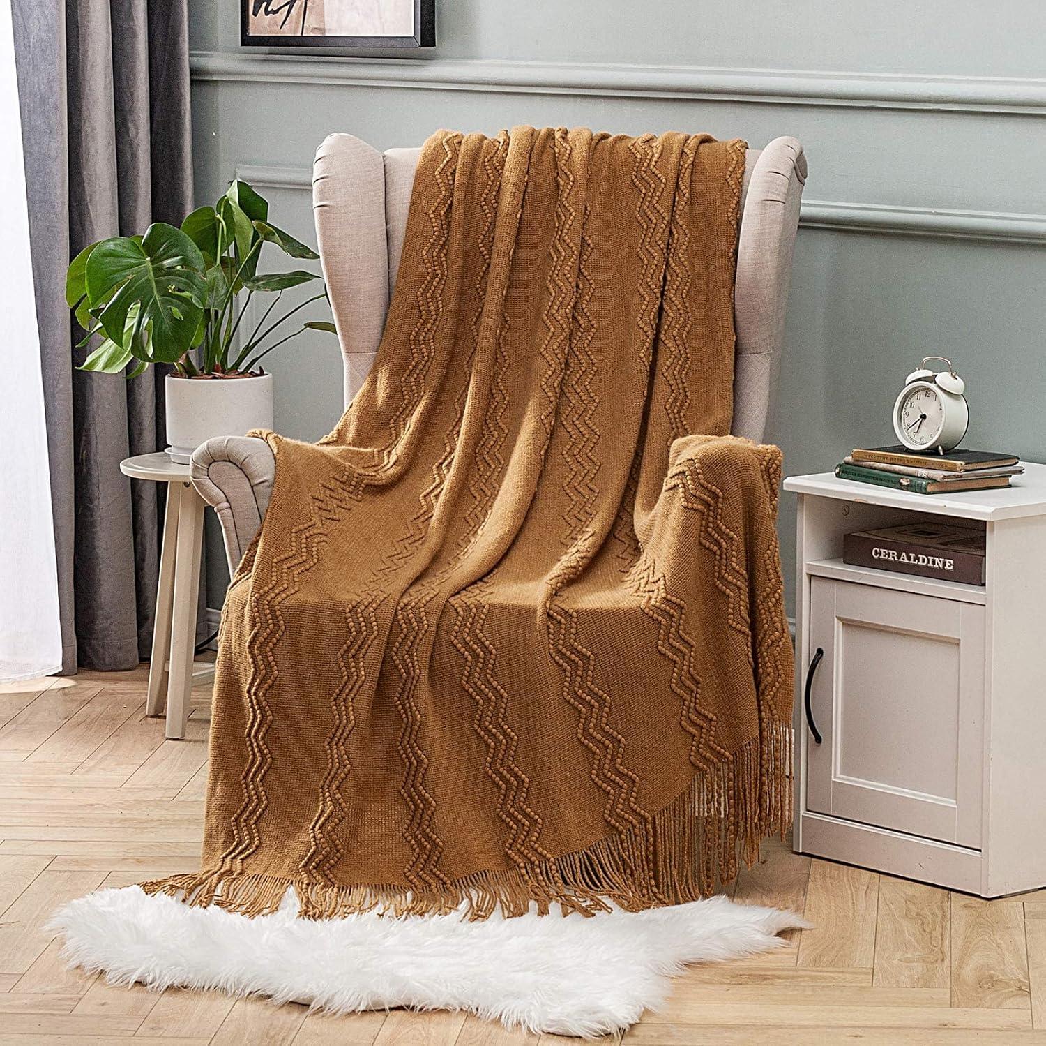 imageMIULEE Tan Taupe Knitted Throw Blanket for Couch Boho Textured Cozy Woven Blanket with Tassels for Sofa Chair Bed Living Room Farmhouse Home Decor Acrylic Wave Pattern 50quotx60quotBrown