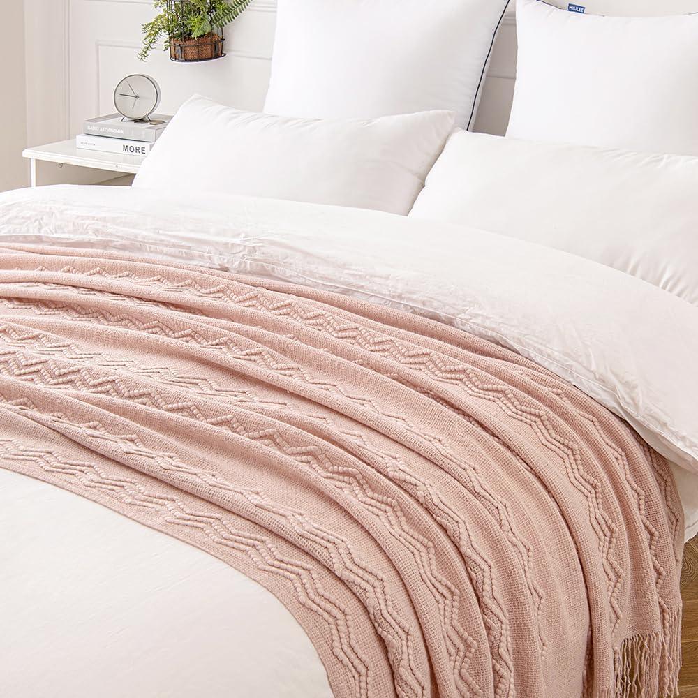 imageMIULEE Tan Taupe Knitted Throw Blanket for Couch Boho Textured Cozy Woven Blanket with Tassels for Sofa Chair Bed Living Room Farmhouse Home Decor Acrylic Wave Pattern 50quotx60quotPink