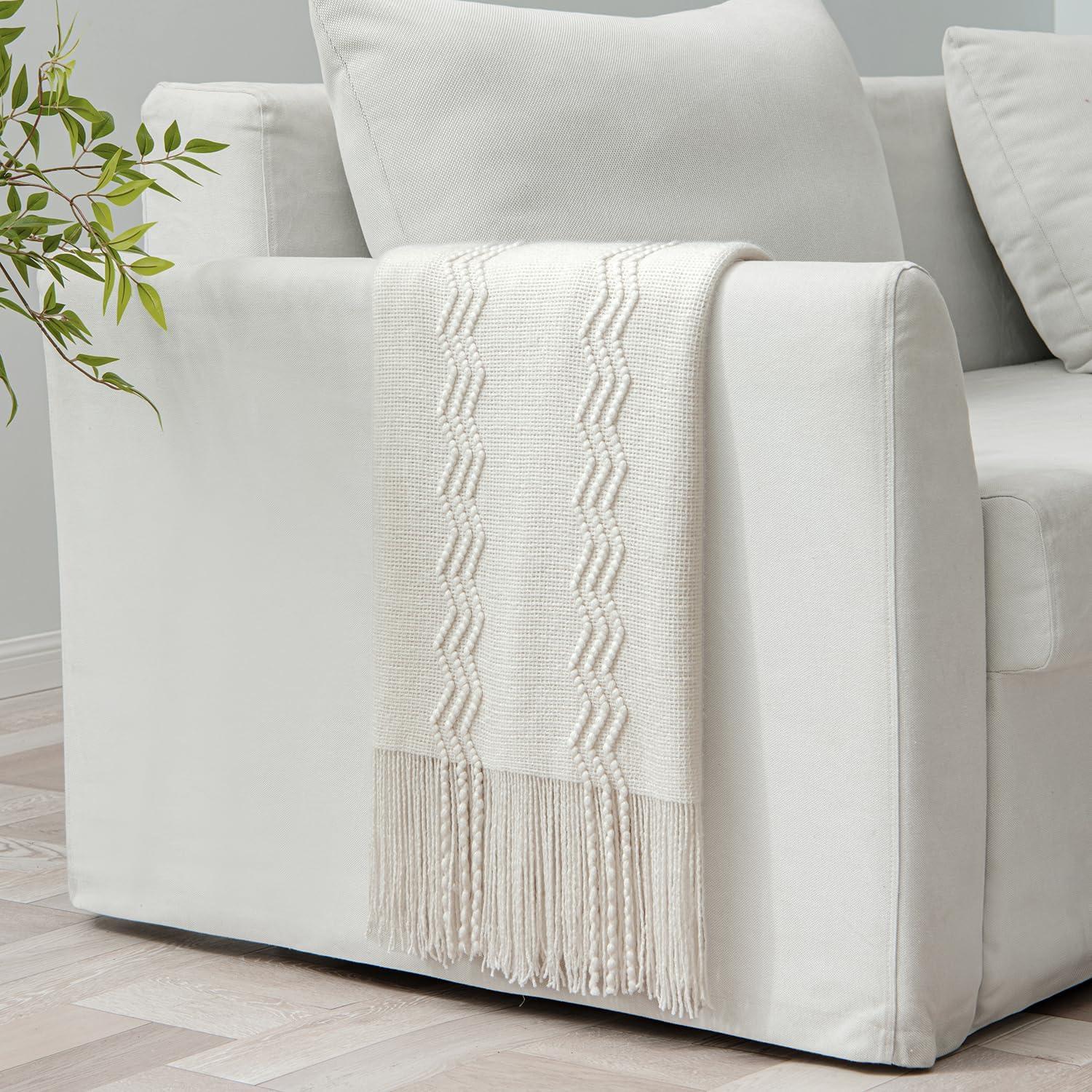 imageMIULEE Tan Taupe Knitted Throw Blanket for Couch Boho Textured Cozy Woven Blanket with Tassels for Sofa Chair Bed Living Room Farmhouse Home Decor Acrylic Wave Pattern 50quotx60quotOff White