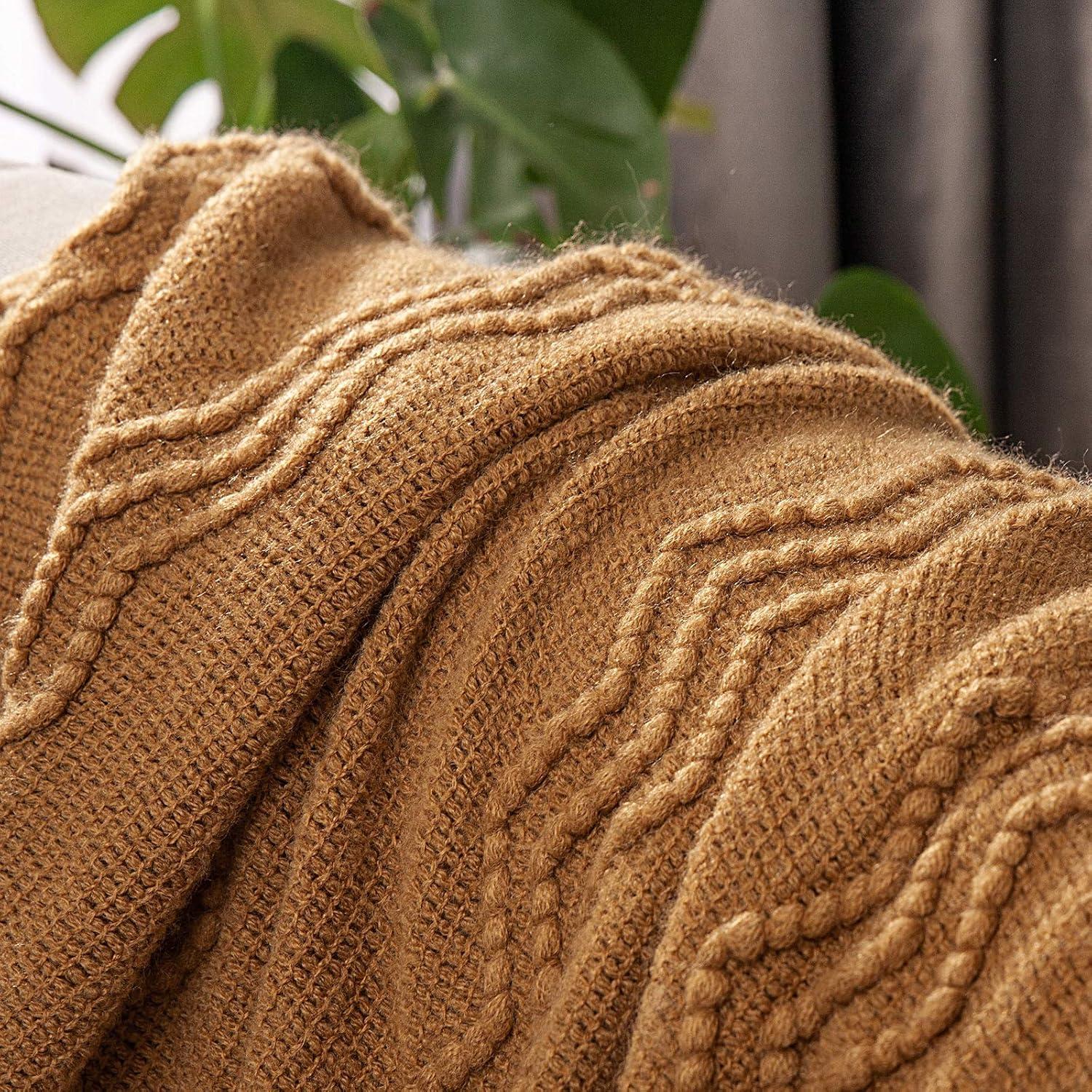 imageMIULEE Tan Taupe Knitted Throw Blanket for Couch Boho Textured Cozy Woven Blanket with Tassels for Sofa Chair Bed Living Room Farmhouse Home Decor Acrylic Wave Pattern 50quotx60quotBrown