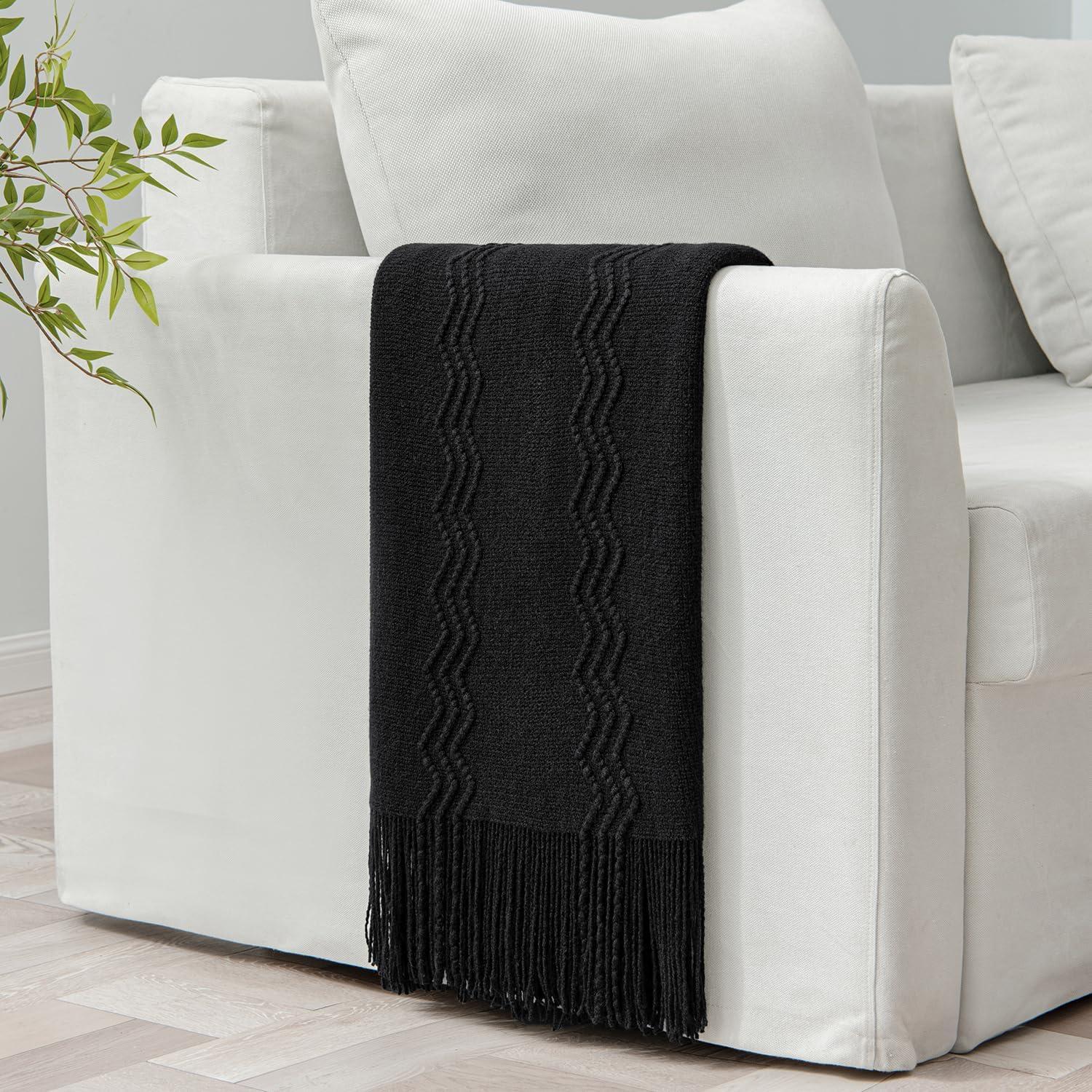 imageMIULEE Tan Taupe Knitted Throw Blanket for Couch Boho Textured Cozy Woven Blanket with Tassels for Sofa Chair Bed Living Room Farmhouse Home Decor Acrylic Wave Pattern 50quotx60quotBlack