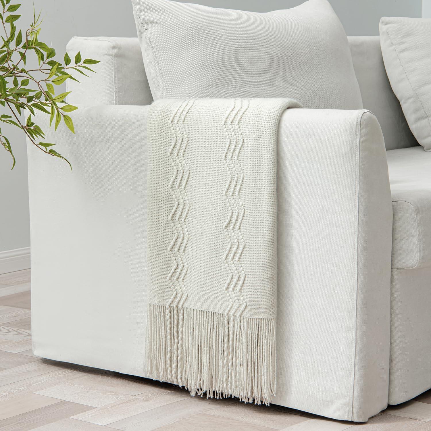imageMIULEE Tan Taupe Knitted Throw Blanket for Couch Boho Textured Cozy Woven Blanket with Tassels for Sofa Chair Bed Living Room Farmhouse Home Decor Acrylic Wave Pattern 50quotx60quotCream White