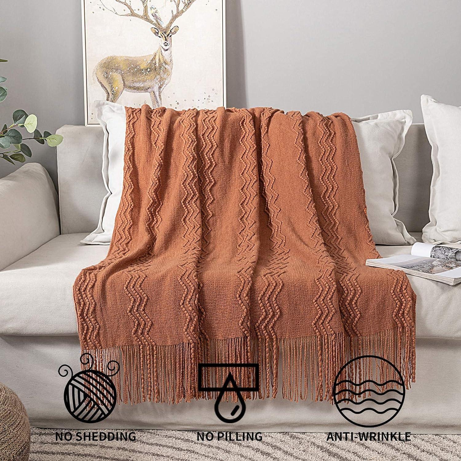 imageMIULEE Tan Taupe Knitted Throw Blanket for Couch Boho Textured Cozy Woven Blanket with Tassels for Sofa Chair Bed Living Room Farmhouse Home Decor Acrylic Wave Pattern 50quotx60quotOrange