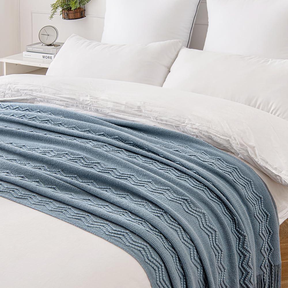 imageMIULEE Tan Taupe Knitted Throw Blanket for Couch Boho Textured Cozy Woven Blanket with Tassels for Sofa Chair Bed Living Room Farmhouse Home Decor Acrylic Wave Pattern 50quotx60quotDusty Blue