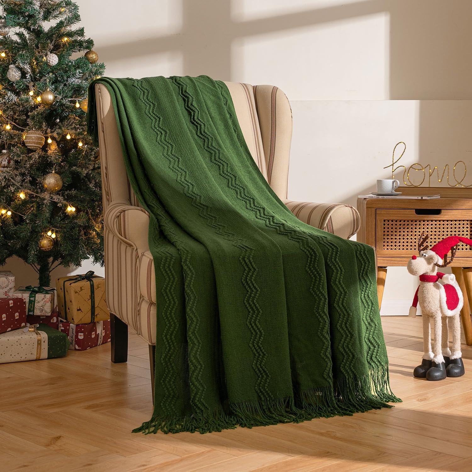 imageMIULEE Tan Taupe Knitted Throw Blanket for Couch Boho Textured Cozy Woven Blanket with Tassels for Sofa Chair Bed Living Room Farmhouse Home Decor Acrylic Wave Pattern 50quotx60quotOlive Green