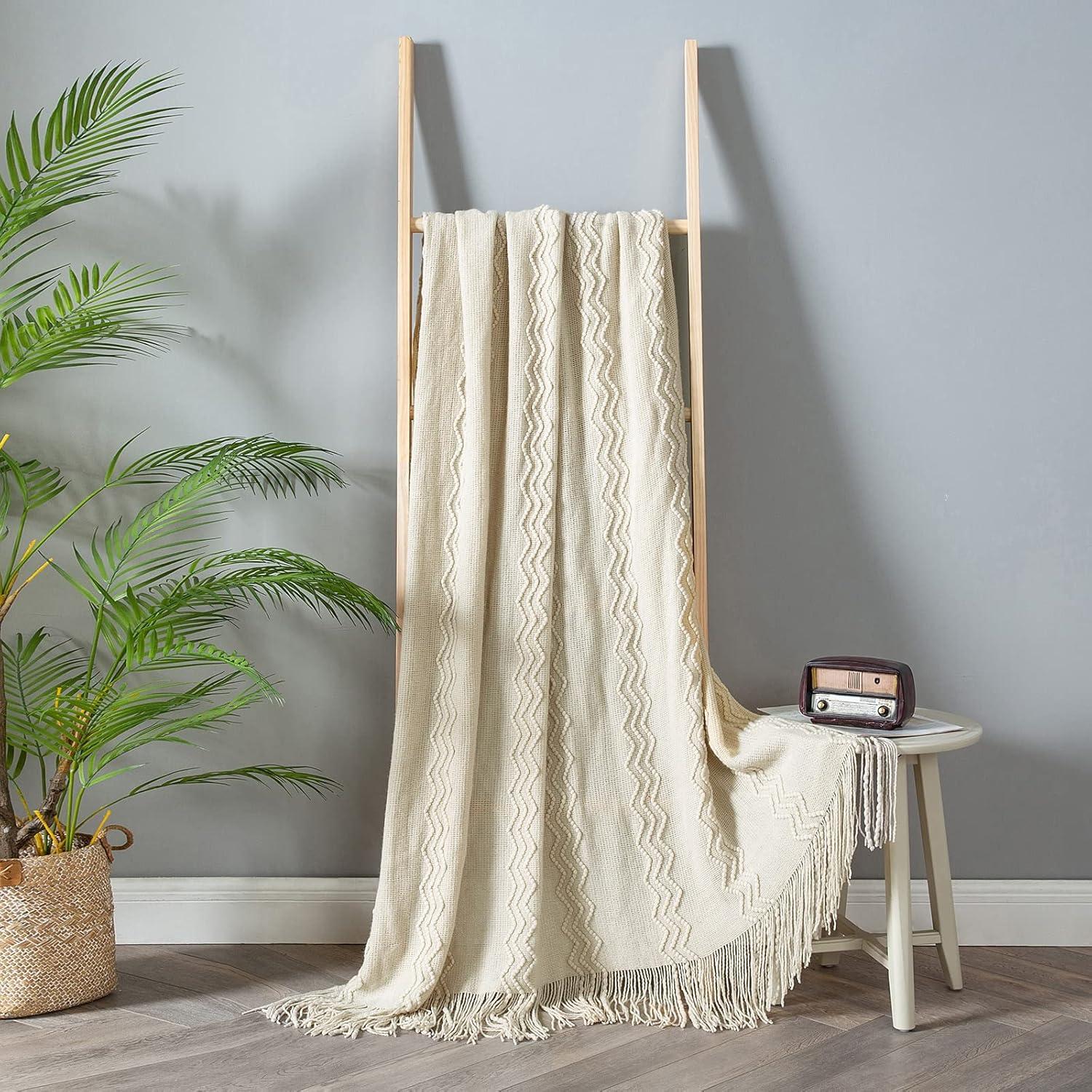 imageMIULEE Tan Taupe Knitted Throw Blanket for Couch Boho Textured Cozy Woven Blanket with Tassels for Sofa Chair Bed Living Room Farmhouse Home Decor Acrylic Wave Pattern 50quotx60quotBeige