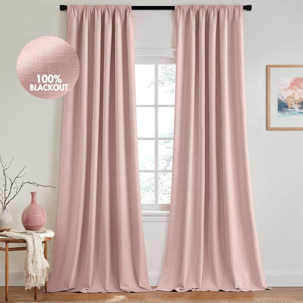 imageMIULEE 100 Blackout Curtains 90 Inch Long 2 Panels Set for Bedroom Thick Luxury Faux Linen Black Out Curtain Room Darkening Back Tab Pleat Window Textured Drapes with Hooks for Living Room BirchBaby Pink