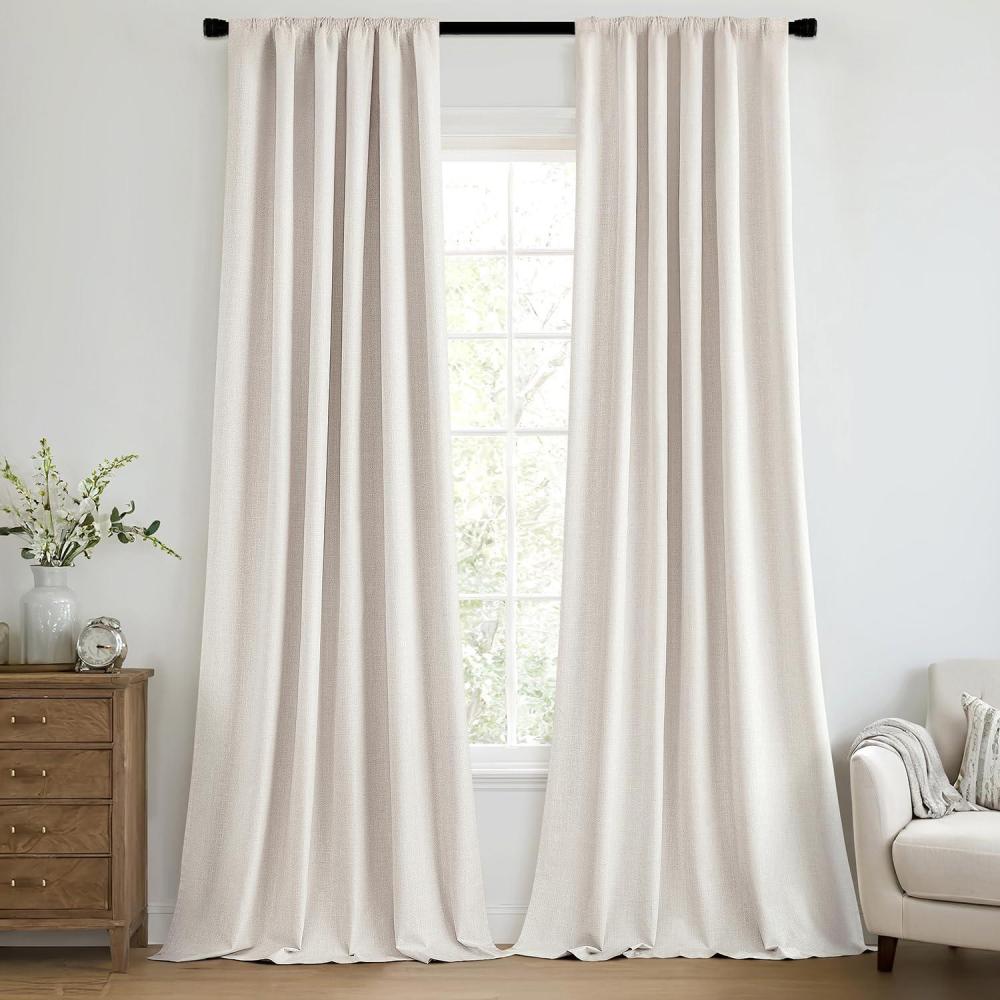 imageMIULEE 100 Blackout Curtains 90 Inch Long 2 Panels Set for Bedroom Thick Luxury Faux Linen Black Out Curtain Room Darkening Back Tab Pleat Window Textured Drapes with Hooks for Living Room BirchIvory