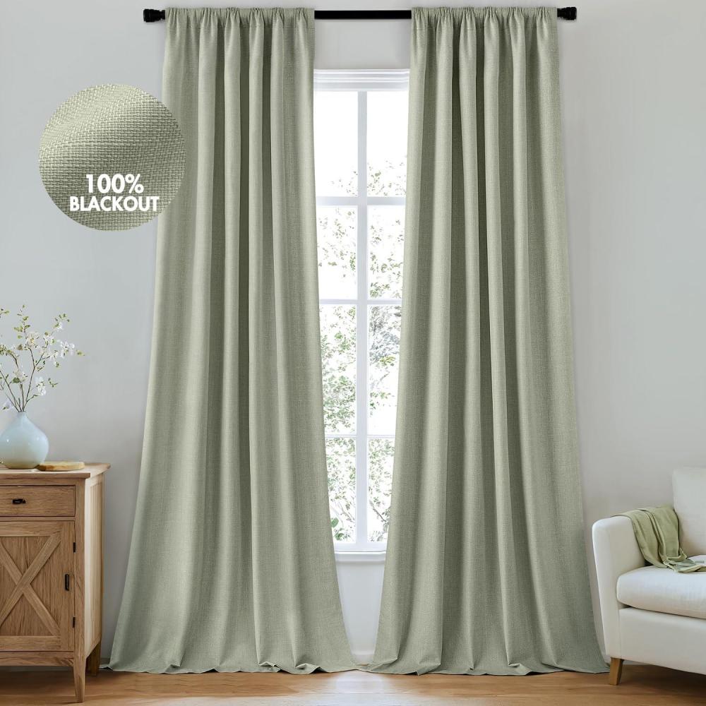 imageMIULEE 100 Blackout Curtains 90 Inch Long 2 Panels Set for Bedroom Thick Luxury Faux Linen Black Out Curtain Room Darkening Back Tab Pleat Window Textured Drapes with Hooks for Living Room BirchSage Green