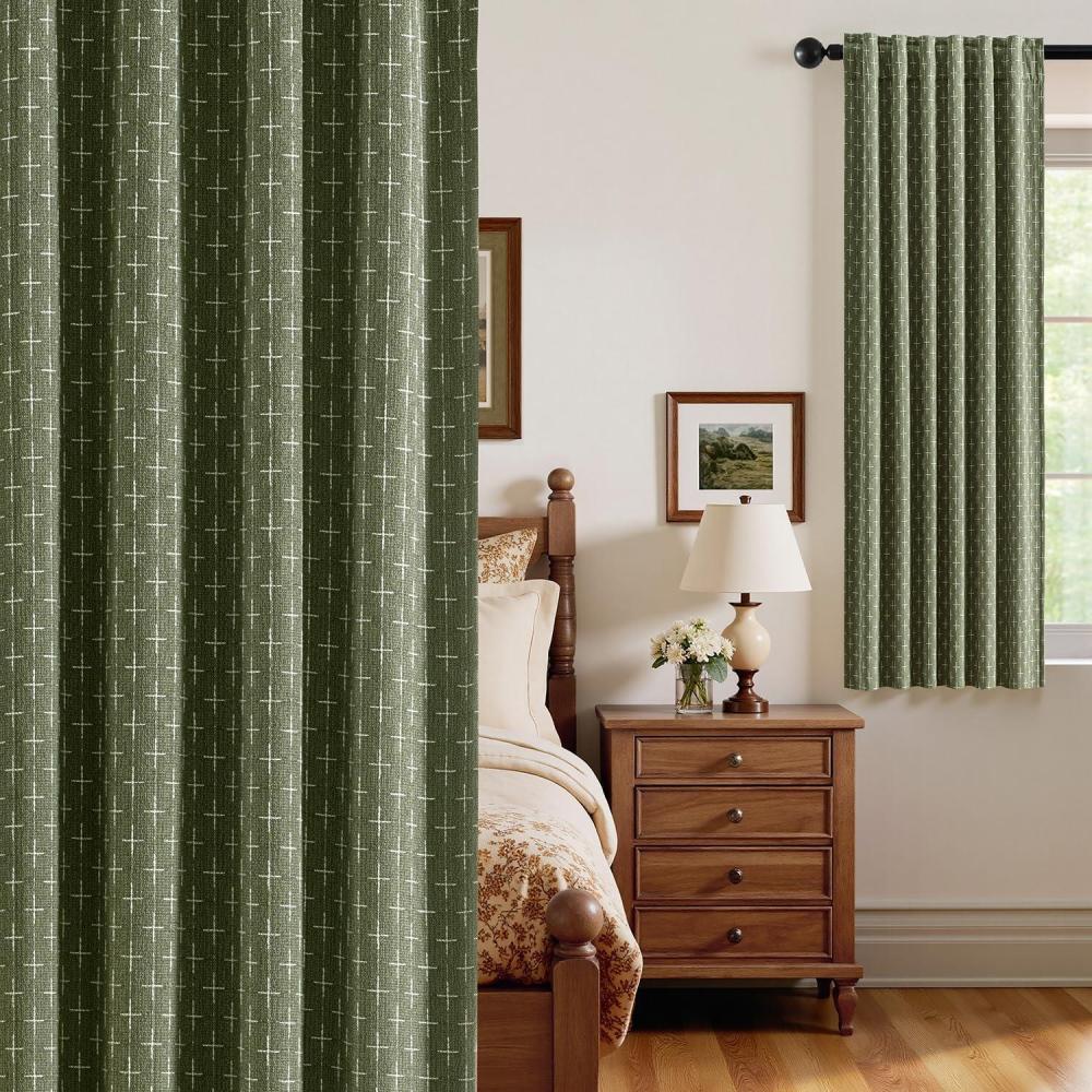 imageMIULEE 100 Blackout Decorative Linen Curtains with Geometric Pattern Thick Woven Farmhouse Rustic Patterned Drapes with Back Tab for Bedroom and Living Room Olive Green 52 x 84 Inches 2 PanelsOlive Green