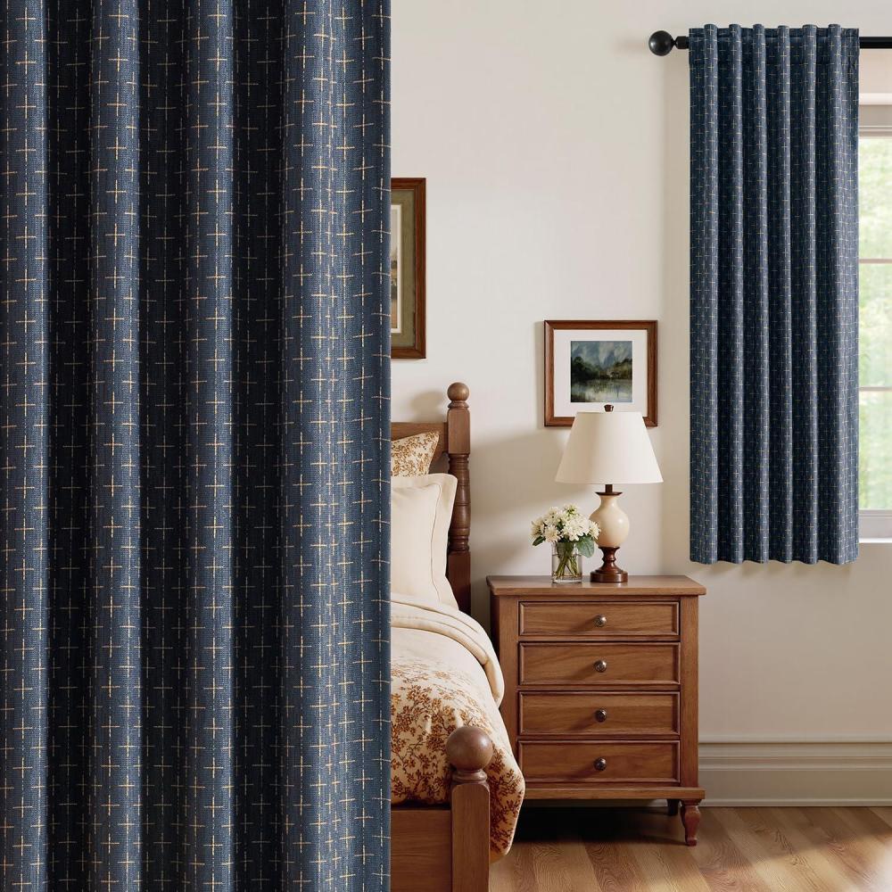 imageMIULEE 100 Blackout Decorative Linen Curtains with Geometric Pattern Thick Woven Farmhouse Rustic Patterned Drapes with Back Tab for Bedroom and Living Room Olive Green 52 x 84 Inches 2 PanelsBlue