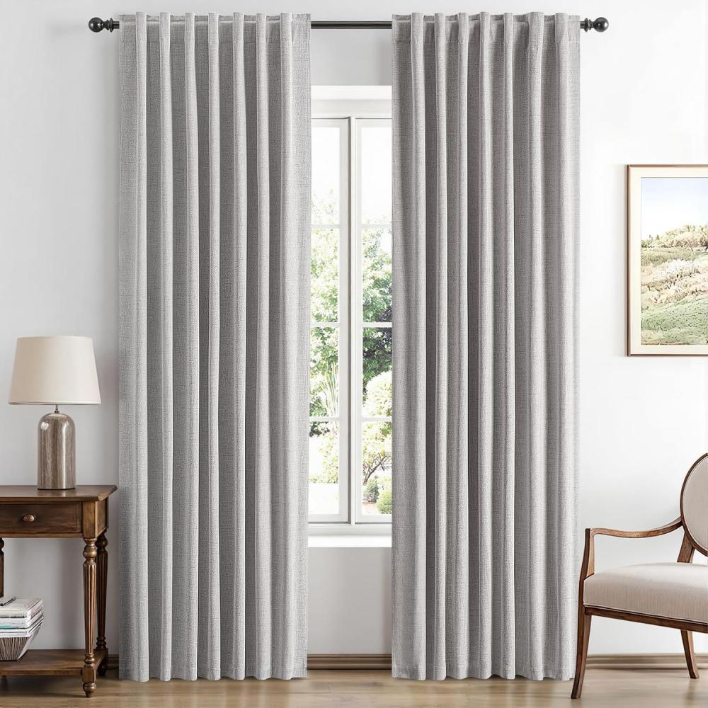 imageMIULEE 100 Blackout Linen Curtains for Bedroom Christmas Emerald Green Solid Luxury Decor Thermal Insulation Room Darkening Drapes for Living Room Nursery Back Tab Rod Pocket 42 x 84 Inches 2 PanelsGreyish White