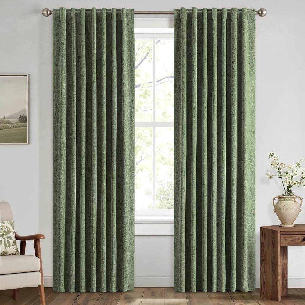imageMIULEE 100 Blackout Linen Curtains for Bedroom Christmas Emerald Green Solid Luxury Decor Thermal Insulation Room Darkening Drapes for Living Room Nursery Back Tab Rod Pocket 42 x 84 Inches 2 PanelsOlive Green