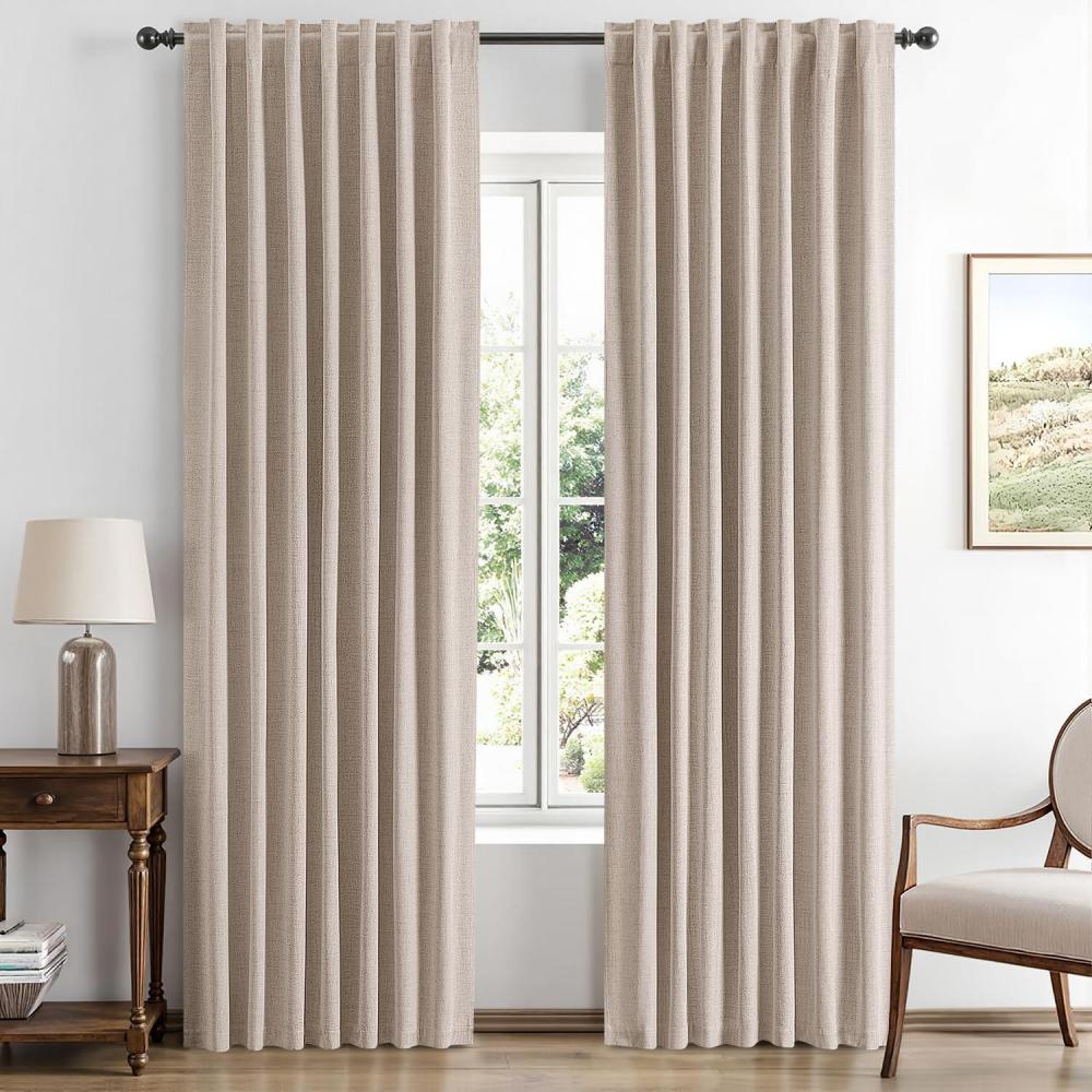 imageMIULEE 100 Blackout Linen Curtains for Bedroom Christmas Emerald Green Solid Luxury Decor Thermal Insulation Room Darkening Drapes for Living Room Nursery Back Tab Rod Pocket 42 x 84 Inches 2 PanelsBeige