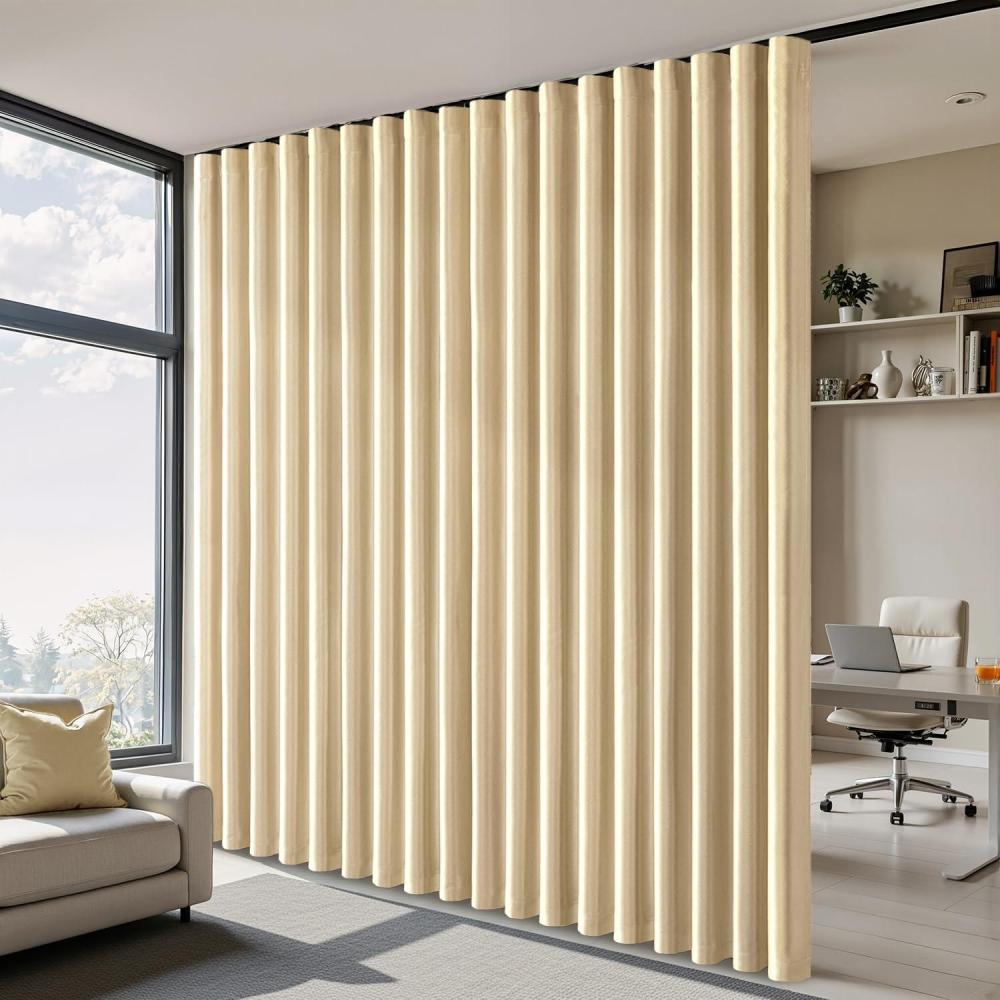 imageMIULEE 100 Blackout Room Divider Curtains Extra Wide Ceiling Halloween Panel Sound Proof Thermal Privacy Drapes for Living Room Bedroom Sliding Door Ceiling Track W100 x L96 Inch Black 1 PanelBeige