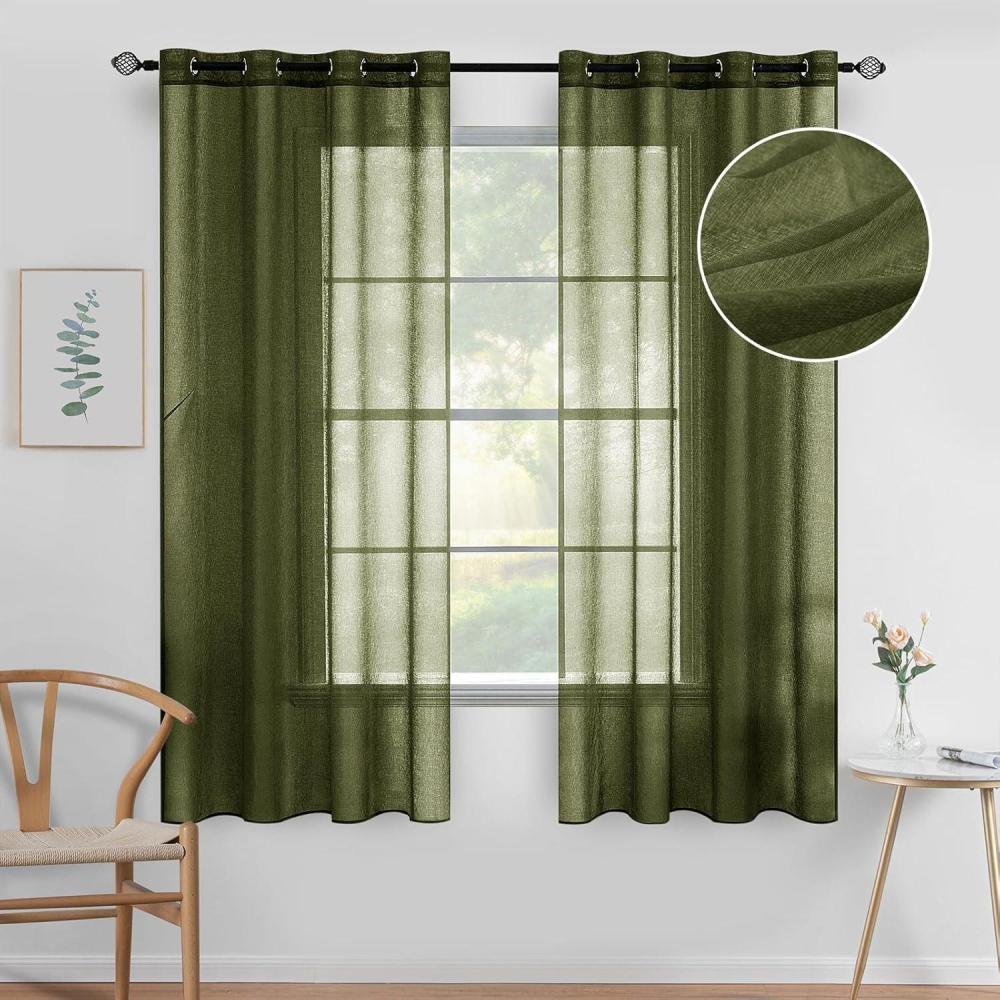 imageMIULEE 2 Panels Burgundy Red Semi Sheer Window Curtains Elegant Christmas Decor Grommet Top Voile Drapes Window Treatment Linen Textured Panels for Bedroom Living Room 54X84 inch LengthOlive Green