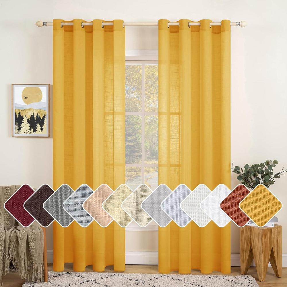 imageMIULEE 2Panel 84 Inch Farmhouse Linen Sheer Window Curtains Elegant Red Drapes With Grommet Top Voile Panels Linen Textured BedroomLiving Room 52 X 84 InchMustard Yellow