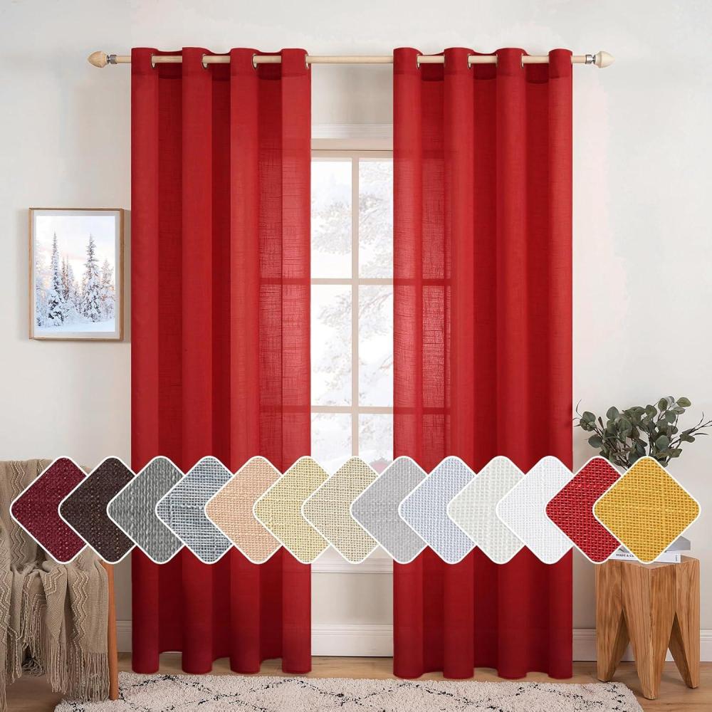 imageMIULEE 2Panel 84 Inch Farmhouse Linen Sheer Window Curtains Elegant Red Drapes With Grommet Top Voile Panels Linen Textured BedroomLiving Room 52 X 84 InchRed