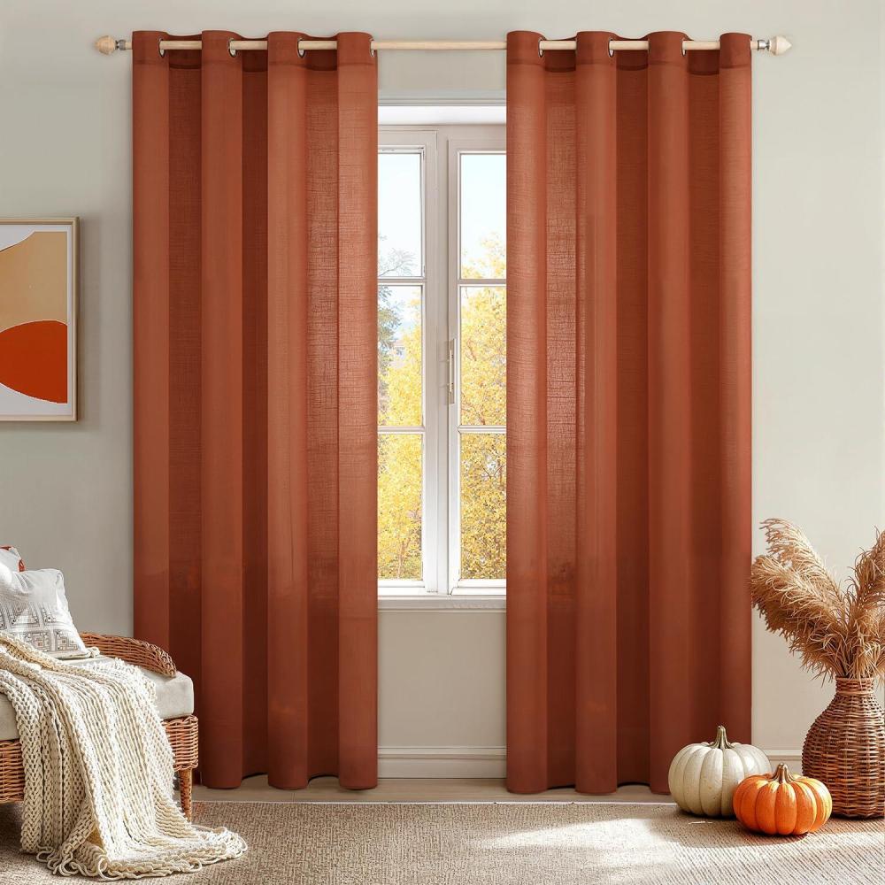 imageMIULEE 2Panel 84 Inch Farmhouse Linen Sheer Window Curtains Elegant Red Drapes With Grommet Top Voile Panels Linen Textured BedroomLiving Room 52 X 84 InchBurnt Orange