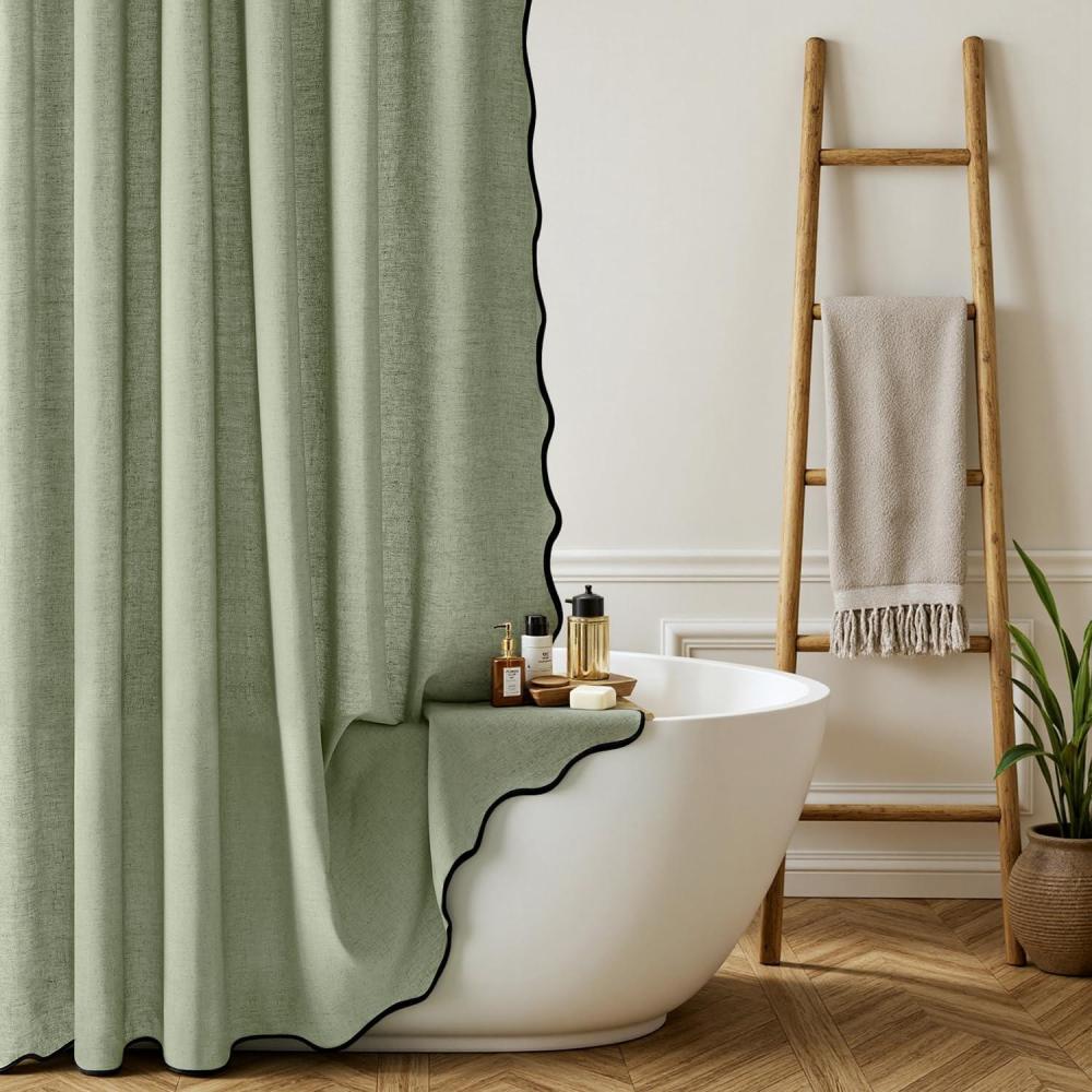 imageMIULEE 84quot Long Scalloped Linen Shower Curtain with 12 Metal Hooks Cute Extra Long Boho Heavy Duty Washable Waterproof Thick Cloth Curtains with Black Border for Bathroom Hotel BathtubNaturalSage Green