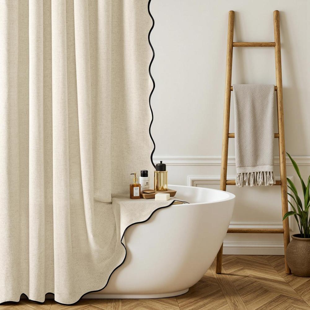 imageMIULEE 84quot Long Scalloped Linen Shower Curtain with 12 Metal Hooks Cute Extra Long Boho Heavy Duty Washable Waterproof Thick Cloth Curtains with Black Border for Bathroom Hotel BathtubNaturalNatural