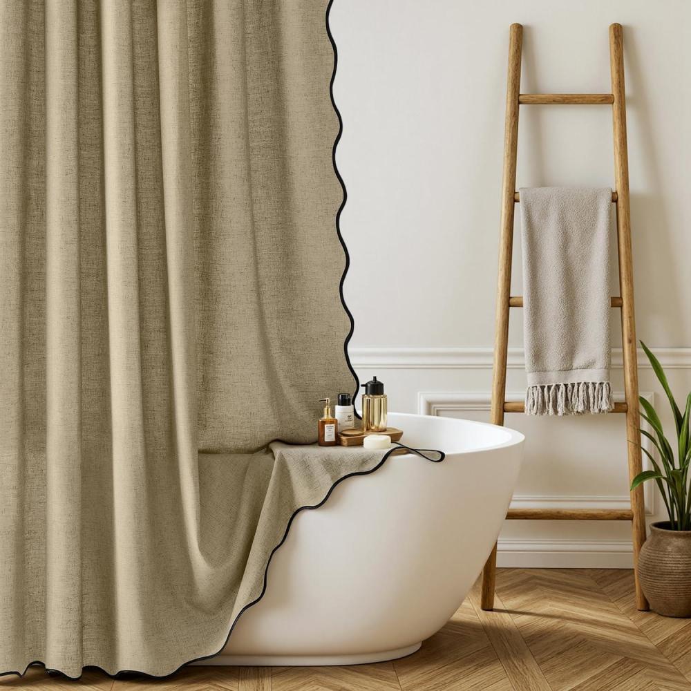 imageMIULEE 84quot Long Scalloped Linen Shower Curtain with 12 Metal Hooks Cute Extra Long Boho Heavy Duty Washable Waterproof Thick Cloth Curtains with Black Border for Bathroom Hotel BathtubNaturalKhaki